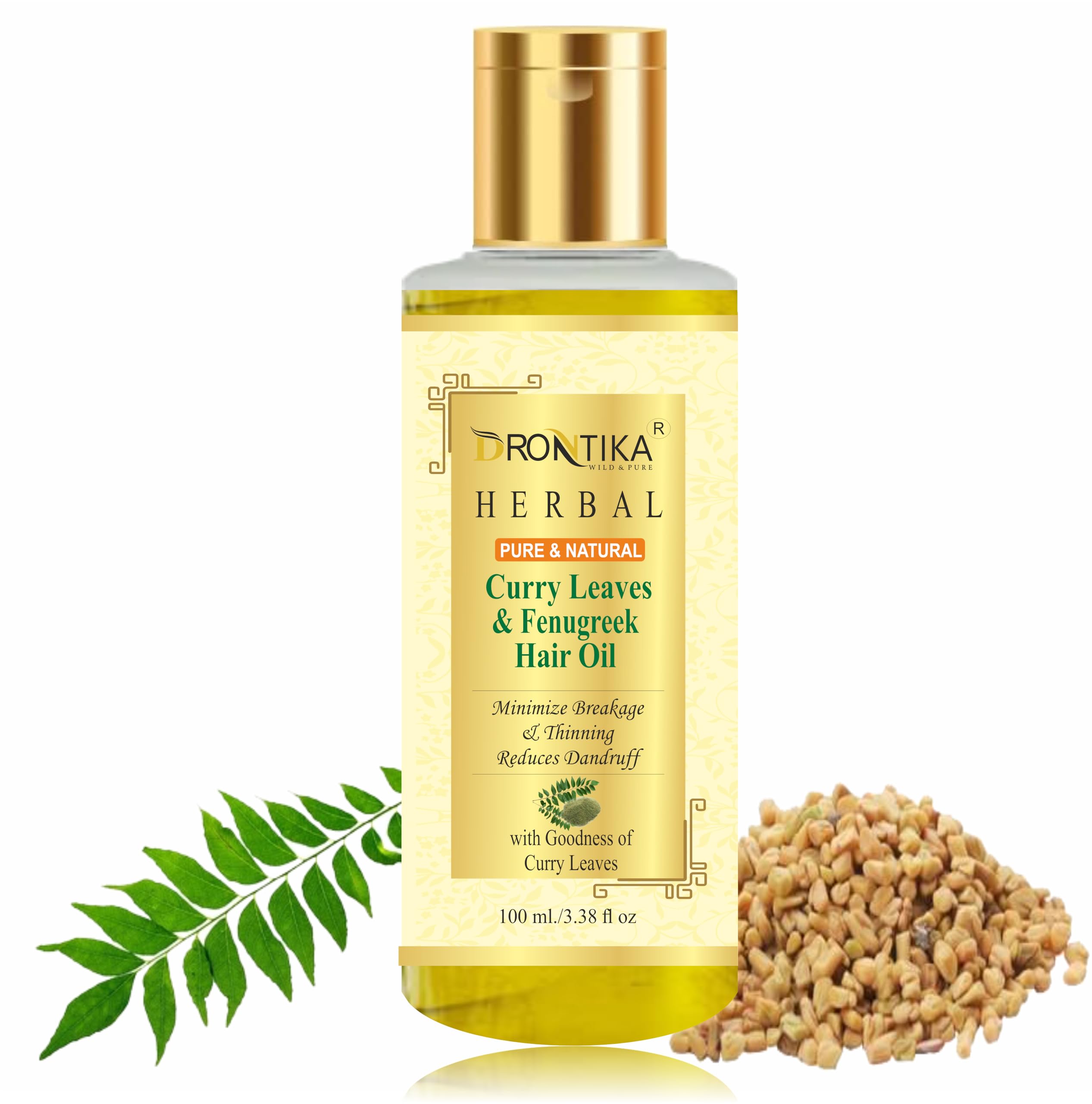 Drontika Herbal Curry Leaves & Fenugreek Hair Oil for Hair Fall Control & Premature Greying - Enriched with Vitamin E - 100ml - Promotes Hair Growth & Scalp Health - Perfect for Daily Hair Care Routine & Ayurvedic Treatments