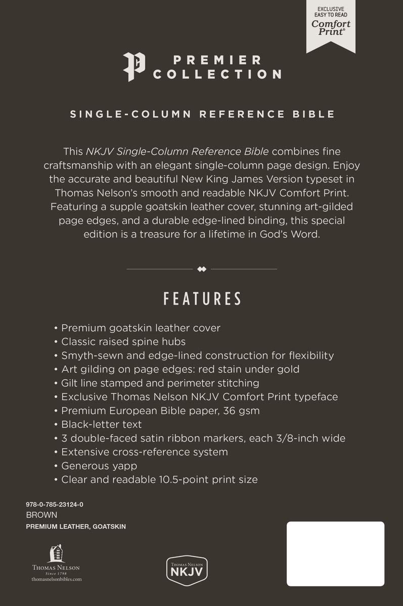Premium NKJV Single-Column Reference Bible in Luxurious Goatskin Leather - Brown Premier Collection with Comfort Print | New King James Version Holy Bible for Worship, Study & Gift Giving