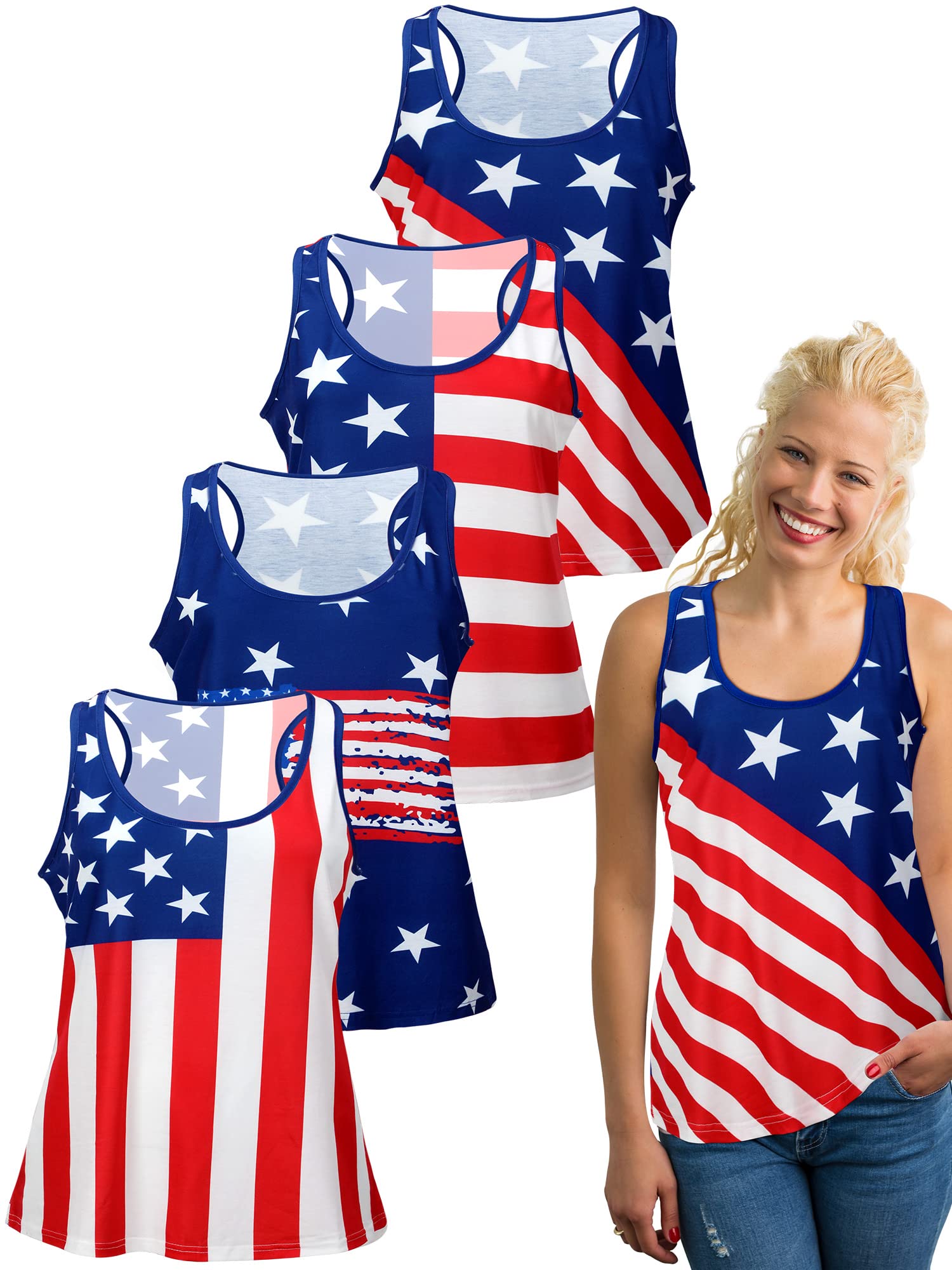 Bonuci 4 Pcs Women's American Flag Sleeveless Tank Tops - Patriotic Stars & Stripes Shirts for 4th of July, Independence Day & Summer Casual Wear (Large) - Perfect for BBQ, Beach Outings & Festive Celebrations
