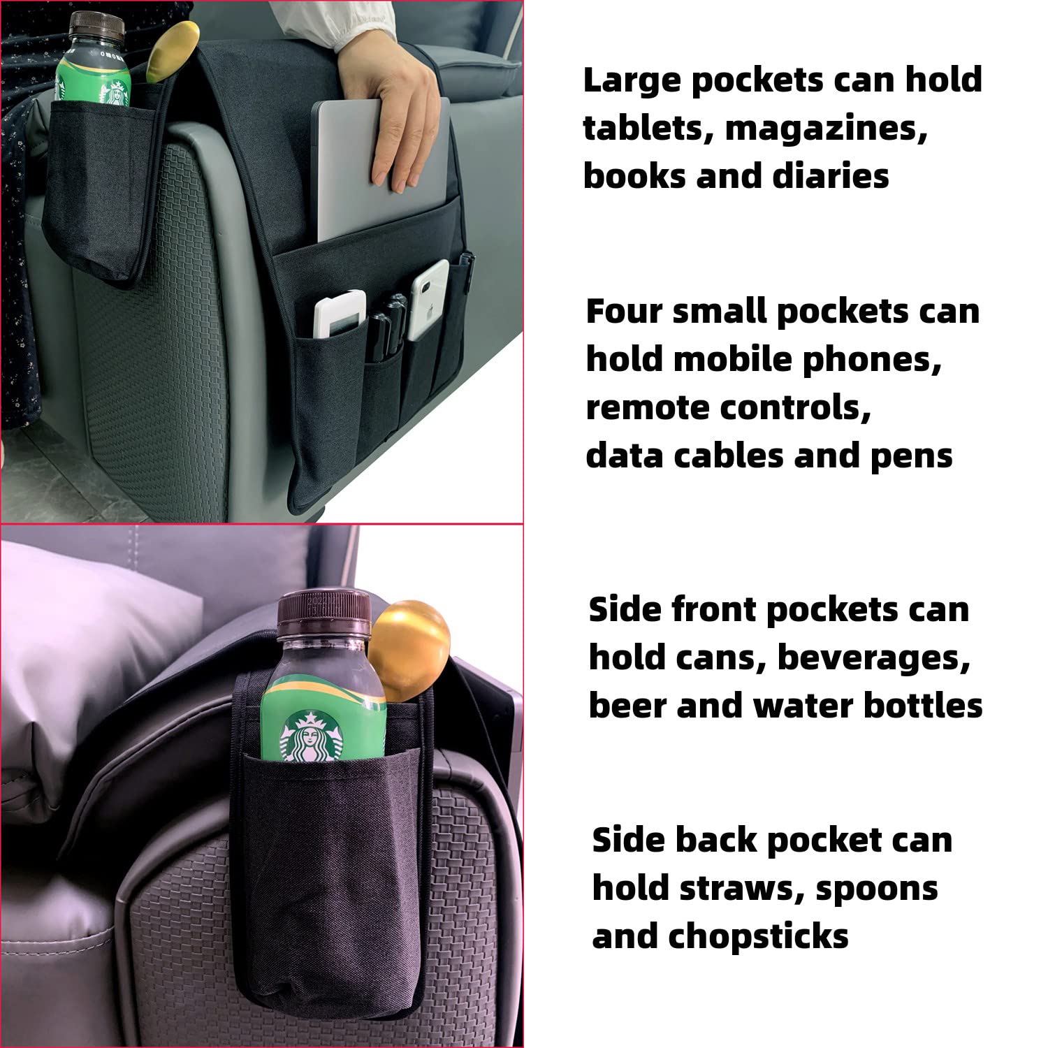 WANTY Sofa Armrest Organizer - Black Couch Caddy with Storage Pockets for Remote, Phone, Tablet, Books & Drinks | Perfect for Living Room, Bedroom & Office Use
