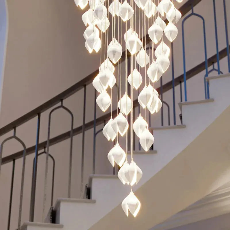 Elegant Ceramic Magnolia Staircase Chandelier - 6/9/18/36 Lights Modern Floral Ceiling Fixture for Foyer, Dining Room & Stairwell Lighting