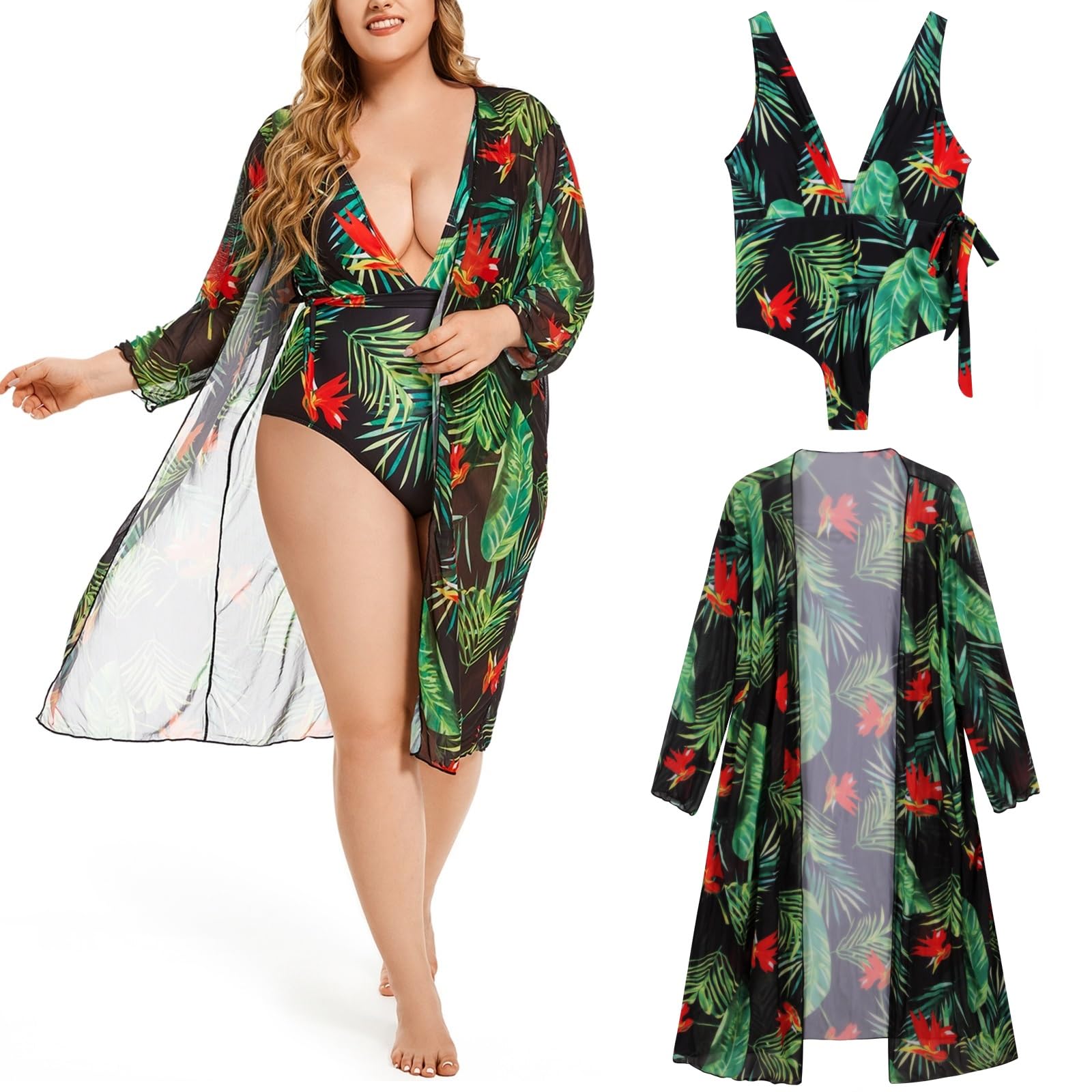 Plus Size Women's One-Piece Swimsuit with Chiffon Cover Up - Floral Print Bathing Suit for Beach, Pool & Vacation | Comfortable Swimwear for Curvy Women
