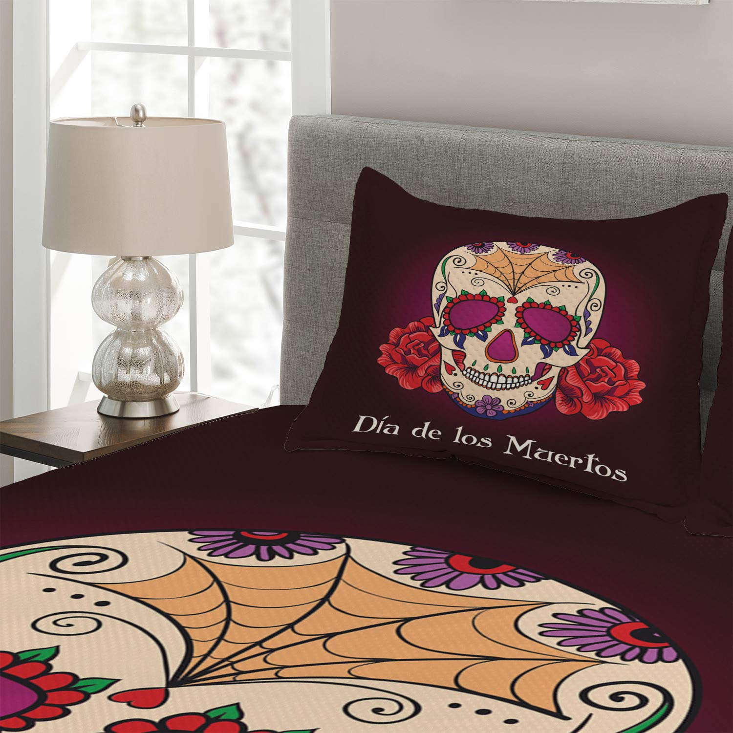 Ambesonne Day of The Dead 3-Piece King Size Quilted Bedspread Set with 2 Pillow Shams | Dia de Los Muertos Spanish Skull & Skeleton Print in Plum Red & Cream | Perfect for Halloween Decor, Mexican Culture Themed Bedroom & Unique Gift Idea