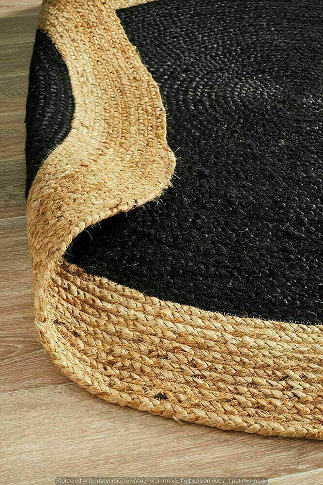 Hand Braided Round Jute Rug - Natural Farmhouse Style Area Rug for Living Room, Bedroom, Kitchen - 2x2 Feet Black Indoor/Outdoor Carpet - Perfect for Boho Decor, Patio Flooring & Cozy Home Accents