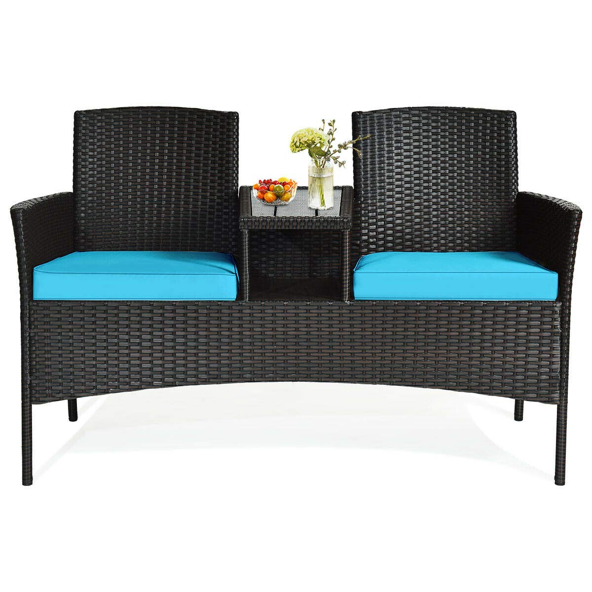 Relax4Life Rattan Wicker Outdoor Loveseat Set with Coffee Table & Removable Cushions - Patio, Garden, Balcony Furniture for Relaxing - Weather-Resistant Brown & Blue Conversation Seating for Backyard, Porch or Lawn