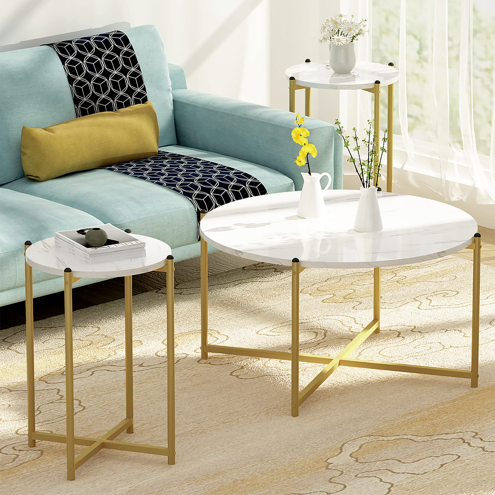 Modern Round Coffee Table Set of 3 - Faux Marble Top with Metal Legs, Living Room Center Table & 2 End Tables - Perfect for Small Spaces, Apartments & Cozy Home Decor