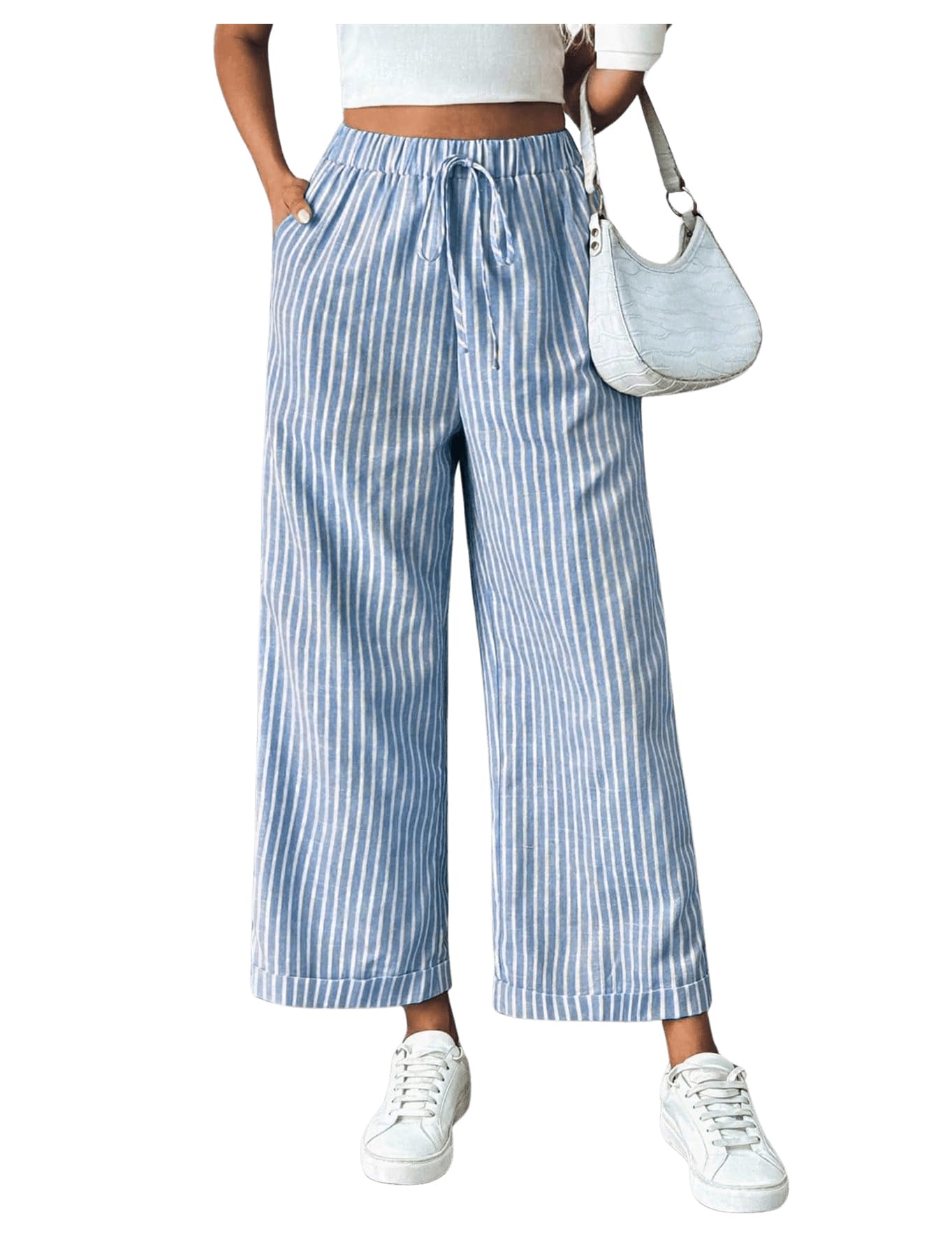 SOLY HUX Women's Striped High Waisted Wide Leg Pants - Tie Front Design with Pockets | Casual & Office Wear for Women | Comfortable Stretch Fabric for Everyday Use