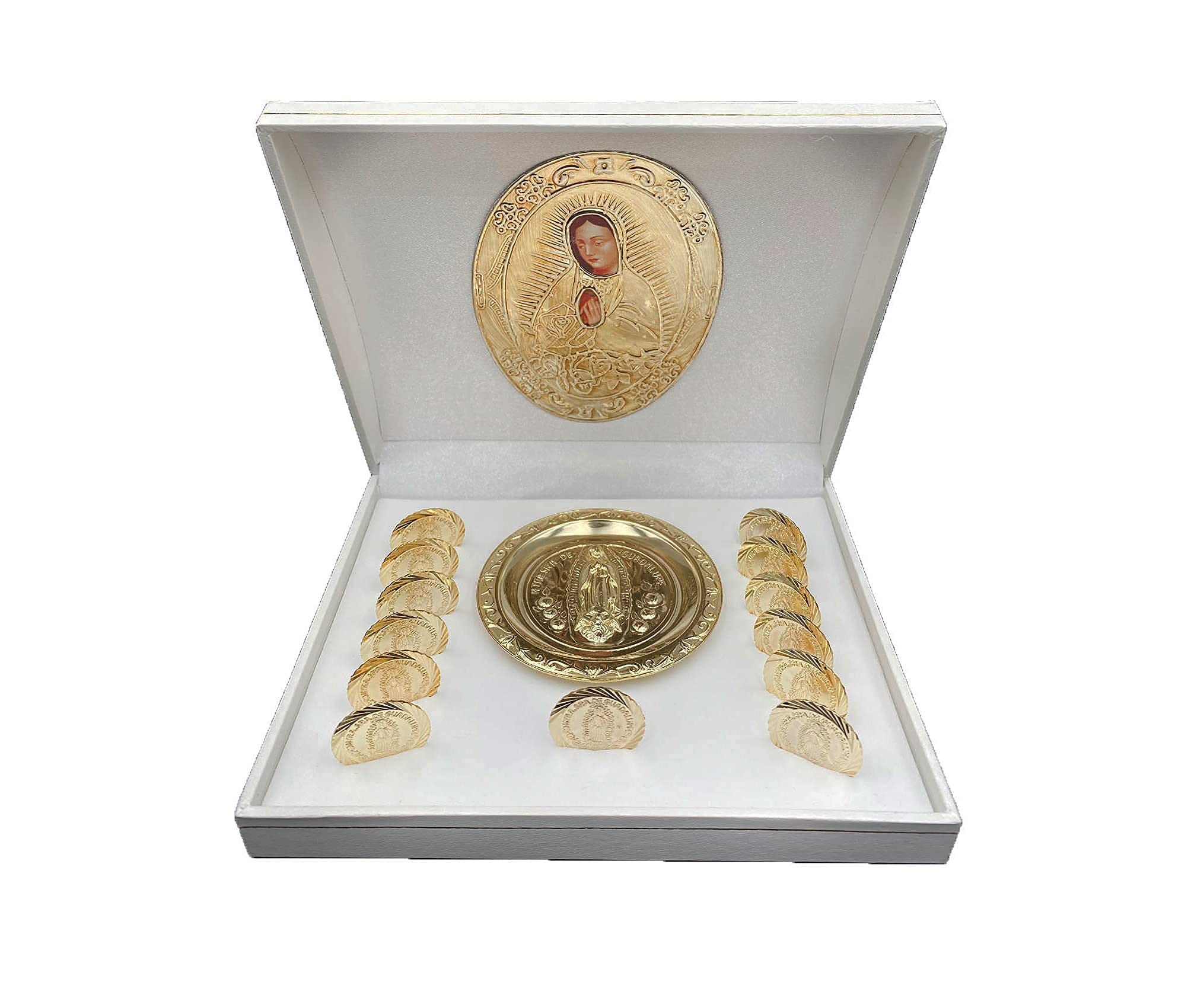 Wedding Unity Coins Set - Classic Gold-Plated Ceremony Arras with White Decorated Case & Our Lady of Guadalupe Tray - Perfect for Catholic Weddings, Vow Renewals, and Anniversary Celebrations