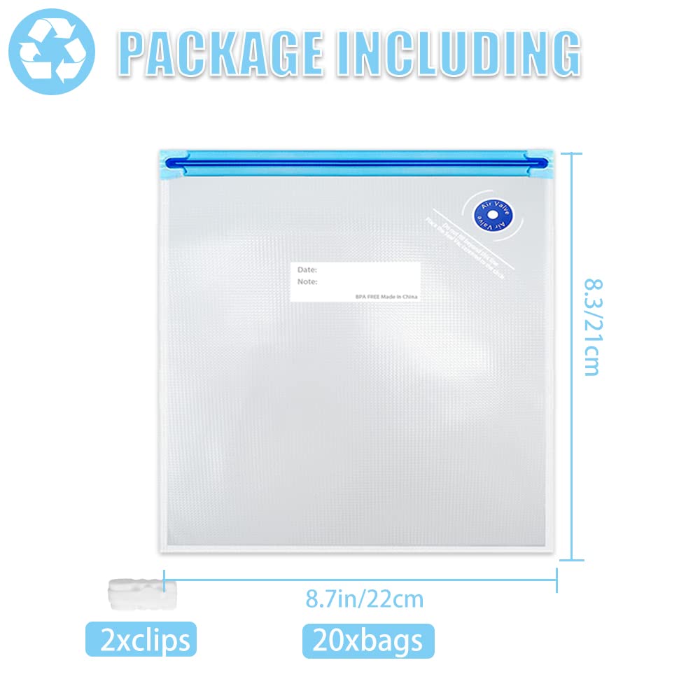 Premium Reusable Sous Vide Bags - 20 Pack (8.3x8.7in/21x22cm) BPA Free Vacuum Sealer Bags for Fresh Food Storage - Perfect for Meal Prep, Sous Vide Cooking & Freezer Organization