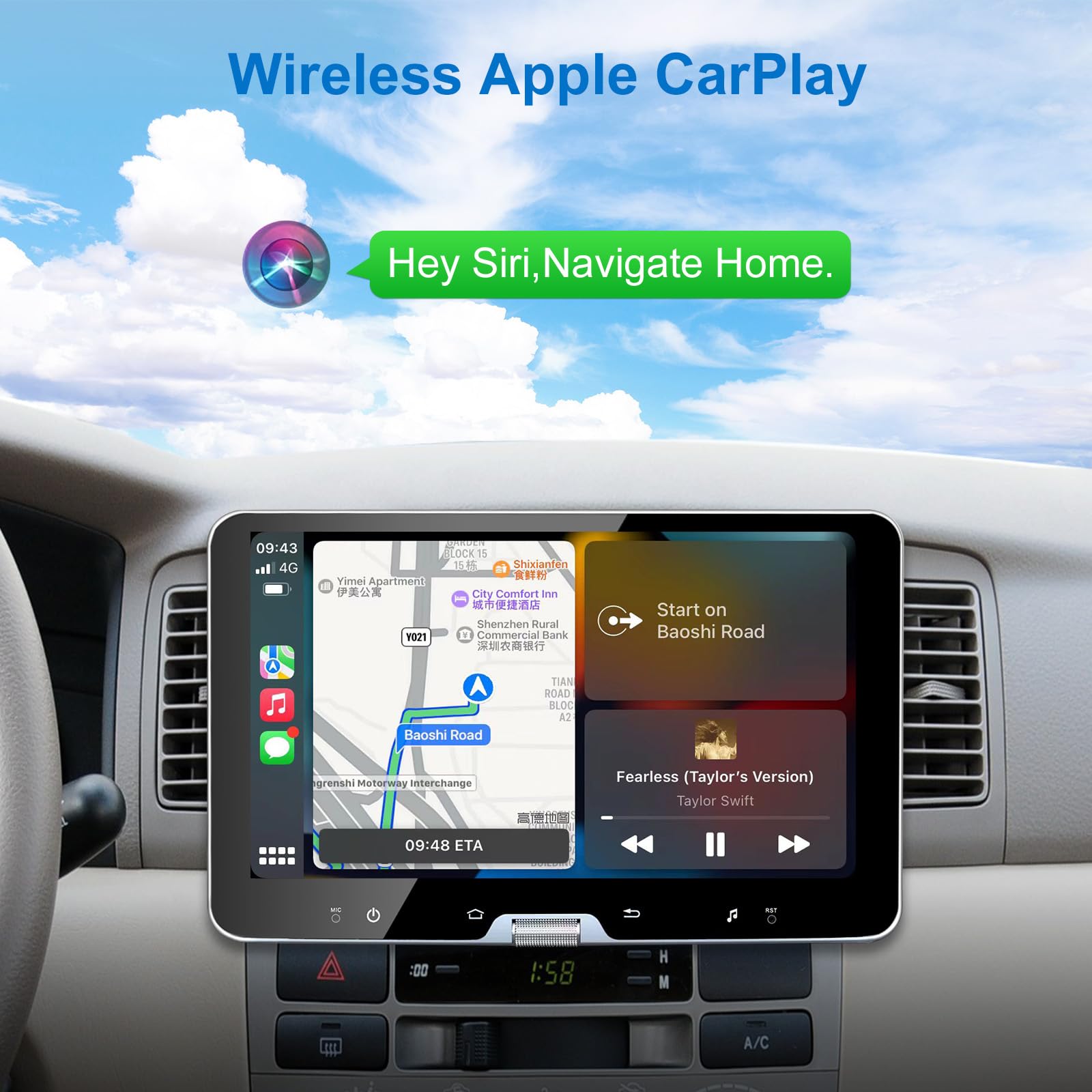 10 Inch Double Din Car Stereo Touchscreen with Wireless CarPlay & Android Auto - Detachable Android Car Radio with Physical Volume Knob, GPS Navigation, Backup Camera, WiFi & Bluetooth for Music & Video Streaming - Perfect for Road Trips & Daily Commuting