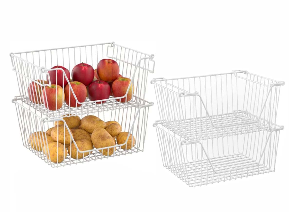 Stackable Metal Wire Baskets for Kitchen & Pantry Organization - Large Capacity Freezer Bins for Fruits, Vegetables & Snacks - Space-Saving Storage Solution for Cabinets & Shelves - White Set of 4 - Perfect for Home, Office & Restaurant Use