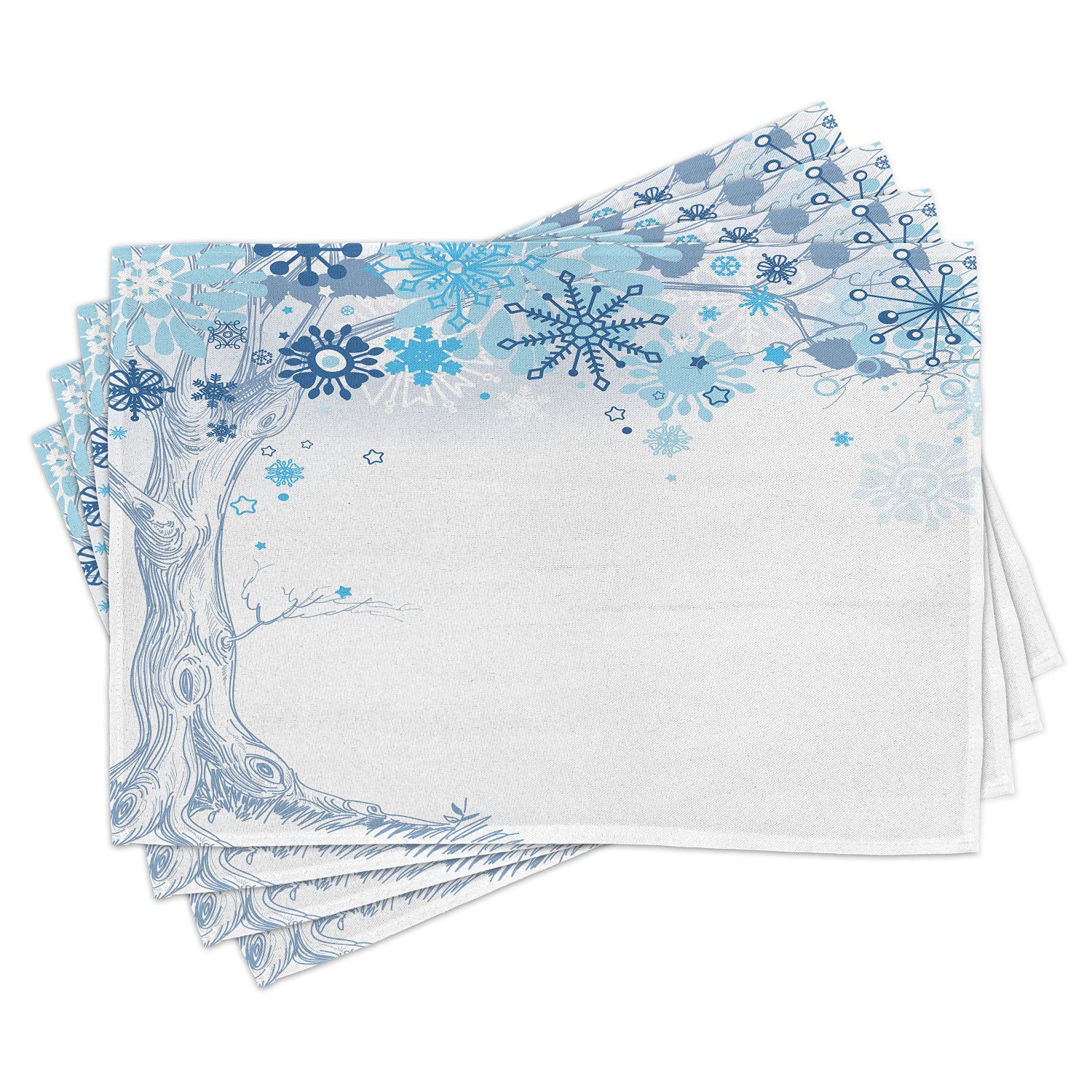 Ambesonne Winter Placemats Set of 4 - Hand-Painted Abstract Tree with Snowflake Leaves, Soft Blue Grey White Washable Fabric Table Mats for Dining Room & Kitchen Decor | Perfect for Holiday Dinners & Cozy Winter Gatherings
