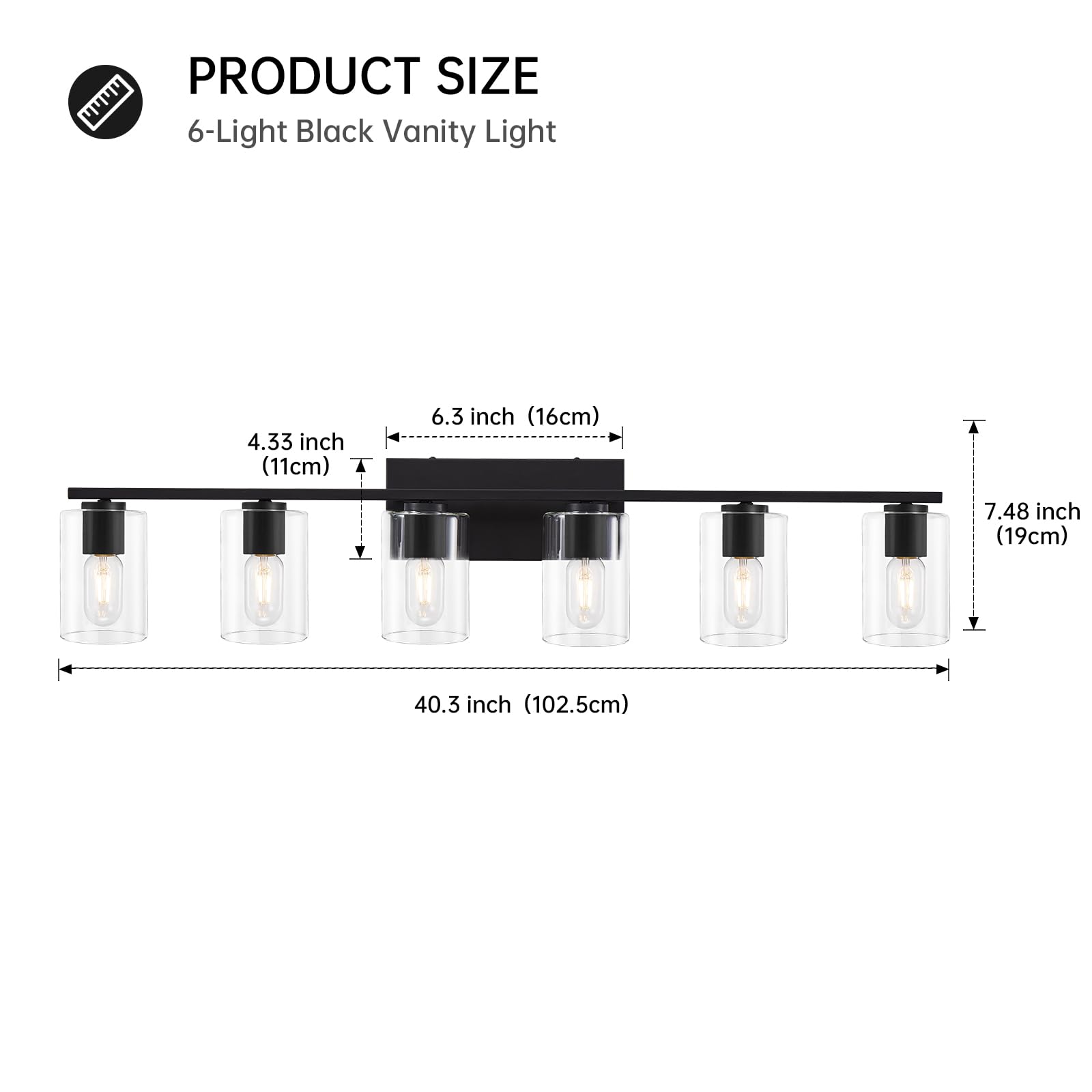 6-Light Black Bathroom Vanity Lighting with Clear Glass Shade - Modern Metal Vanity Lights for Bathroom, Bedroom & Living Room - Perfect Over Mirror for Home Decor