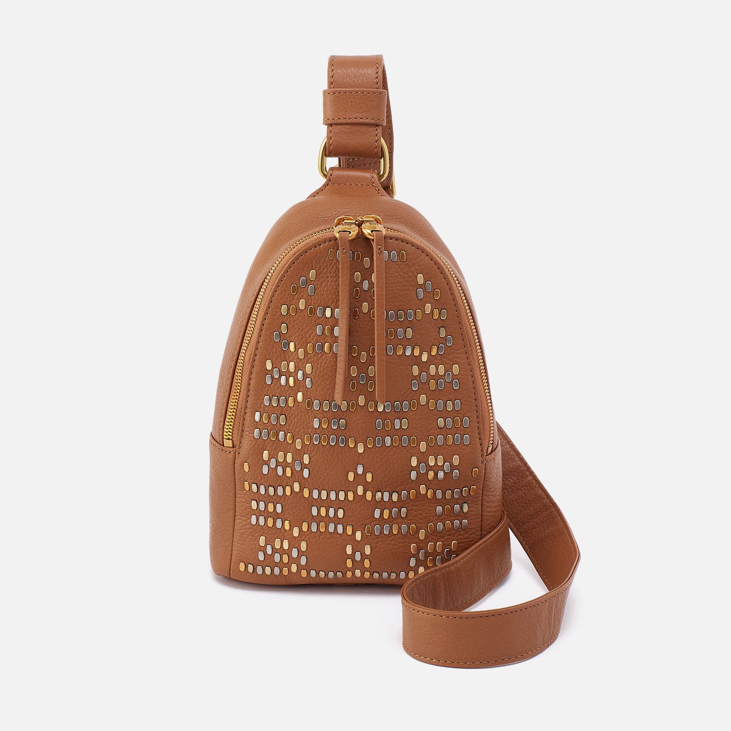 Pebbled Leather Fern Sling Bag in Warm Honey with Studded Details - Perfect for Casual Outings, Travel, and Everyday Use