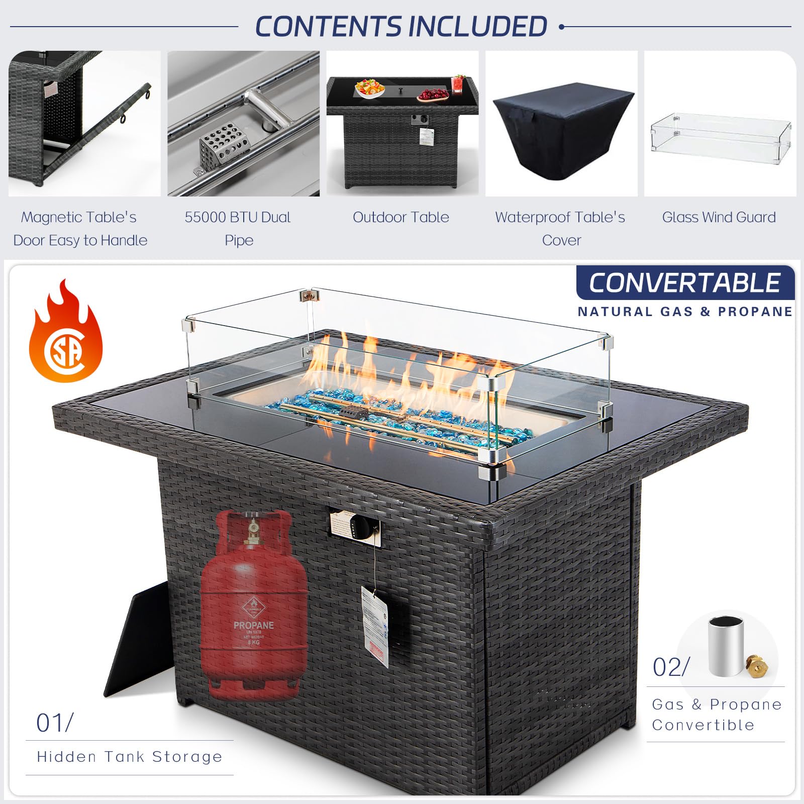 BULEXYARD 5-Piece Grey Rattan Patio Furniture Set with Gas Fire Pit Table - High Back Deep Seat Outdoor Sectional Sofa & Wicker Conversation Set for Backyard, Poolside & Garden (Grey/Dark Grey)