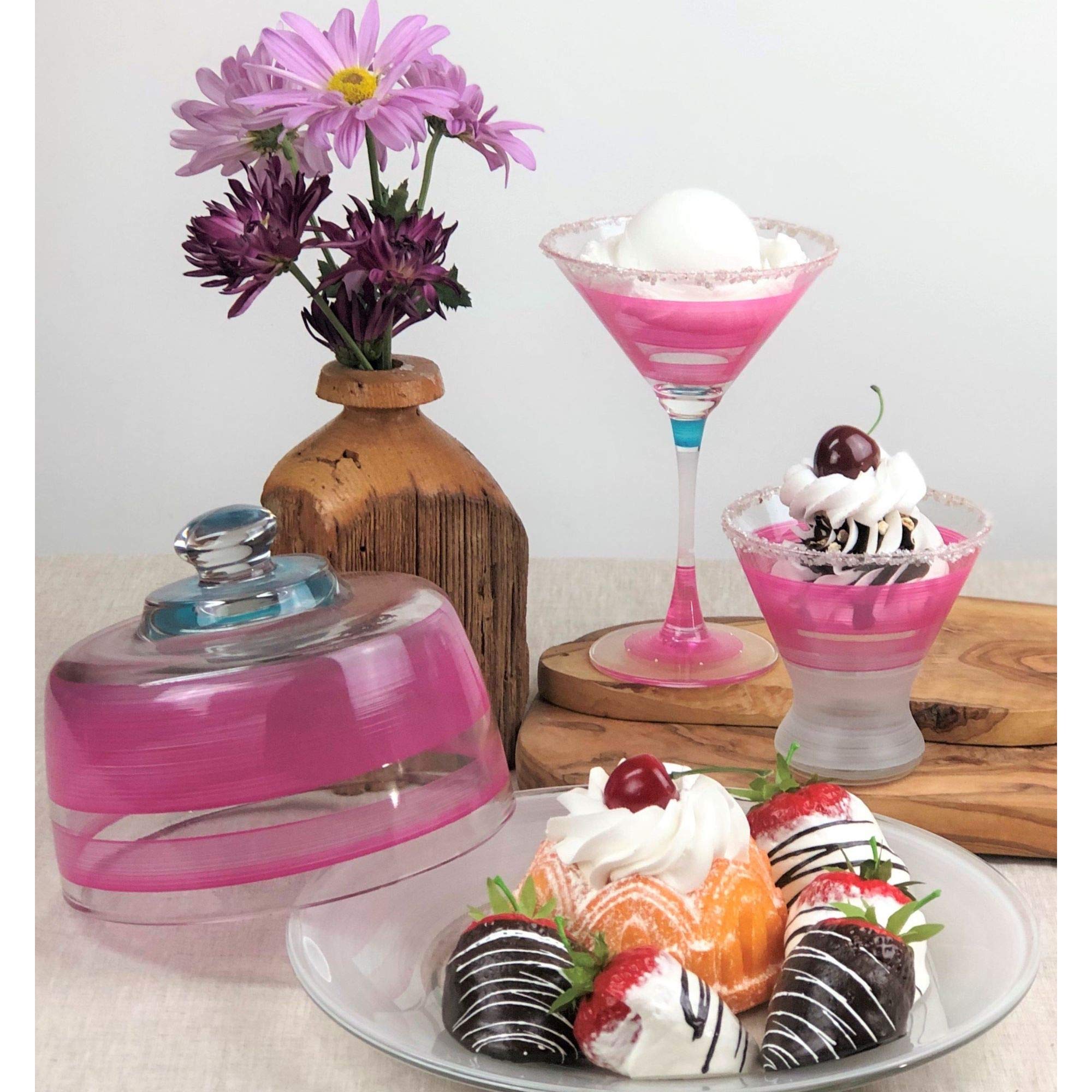 Set of 2 Pink Retro Stripe Hand Painted Cosmopolitan Wine Glasses - 8.25 oz Elegant Cocktail Glasses for Parties, Weddings & Home Bar Decor