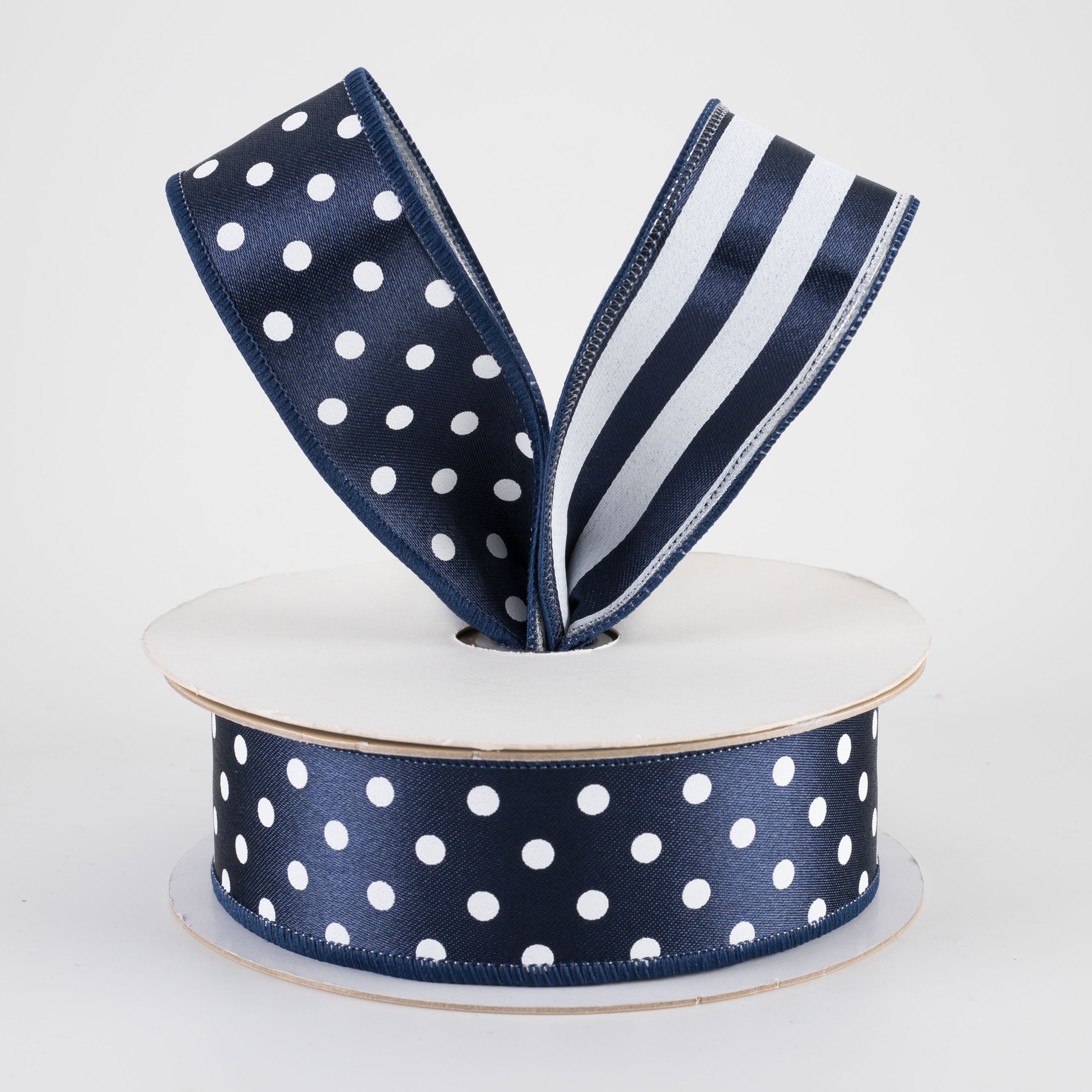 1.5 Inch Double Sided Fused Polka Dots & Stripes Ribbon - Navy & White (10 Yards) for Gift Wrapping, DIY Crafts, Party Decorations and Scrapbooking