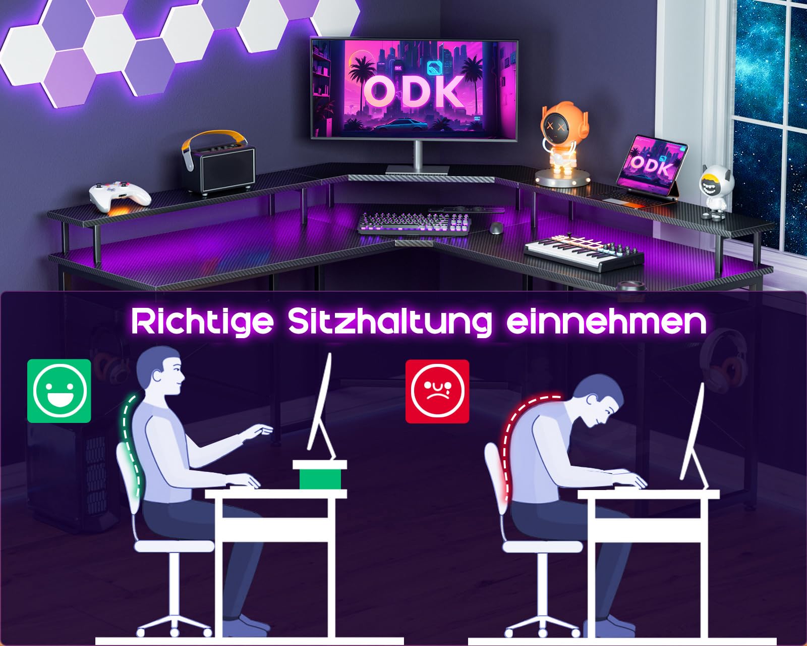 ODK 129x129 cm Gaming Desk with LED Lights, PC Computer Desk with 2 Power Outlets & 2 USB Ports, Large Monitor Stand, Carbon Fiber Black - Perfect for Esports, Streaming & Home Office Setup
