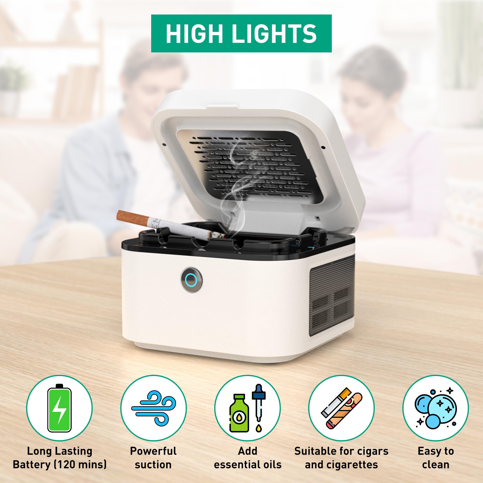 2 in 1 Air Purifier & Smokeless Ashtray with HEPA Filter - USB Rechargeable for Cigarette Smoke Reduction - Ideal for Home, Office & Car Use (White)