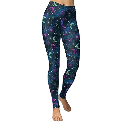 DZUAIKIT Women's High Waist Yoga Pants - Colorful Moon & Star Print Workout Leggings for Yoga, Gym & Running | Comfortable & Stylish Activewear