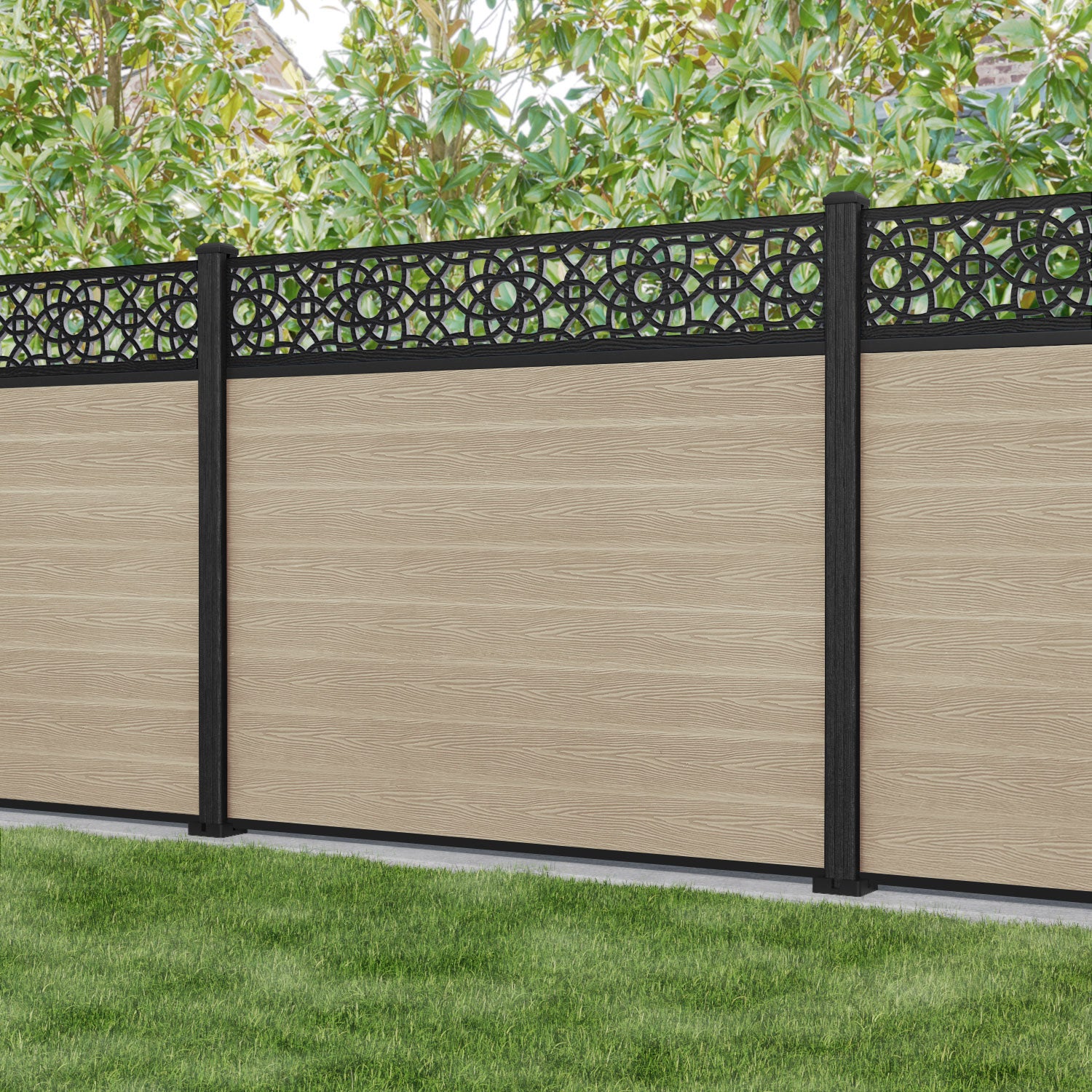 Classic Amber Fence Panel - Light Oak Composite Wood Privacy Fence with Durable Posts | Perfect for Backyard, Garden, and Patio Security