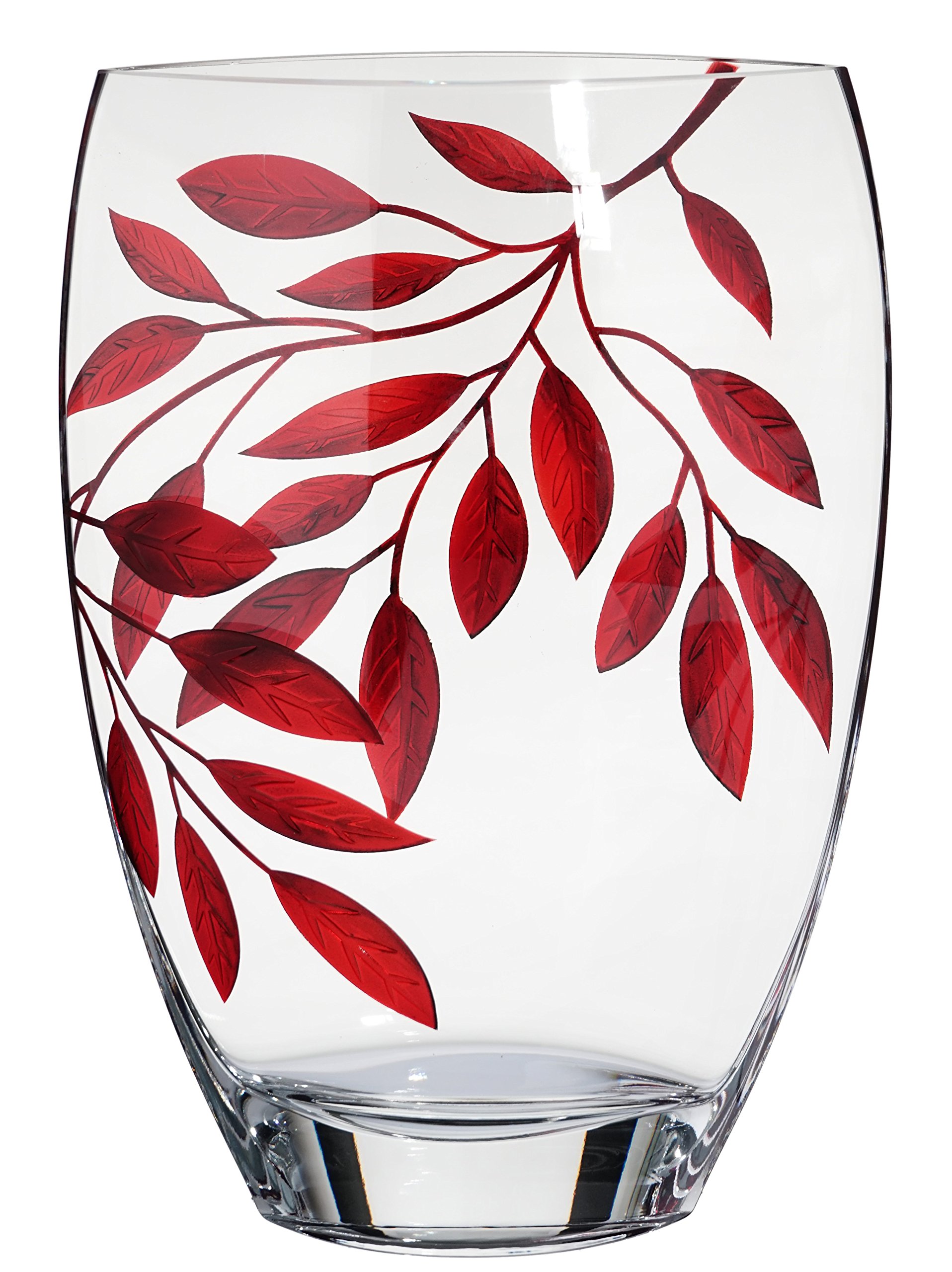 Large 11.8 Inch Hand Blown Glass Vase with Sandblasted Ruby Leaf Design - Premium Clear Unleaded Glass Centerpiece in Golden Gift Box - Elegant Home Decor for Living Room, Wedding, Dining Table Decoration