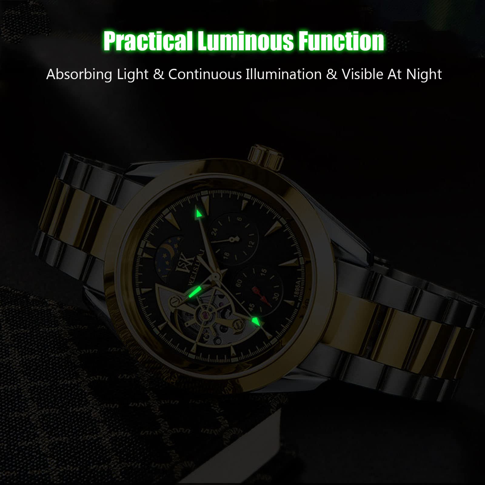 RORIOS Men's Automatic Mechanical Watch with Luminous Hands & Moon Phase - Stainless Steel Strap Dress Watch for Business, Formal Occasions & Everyday Wear