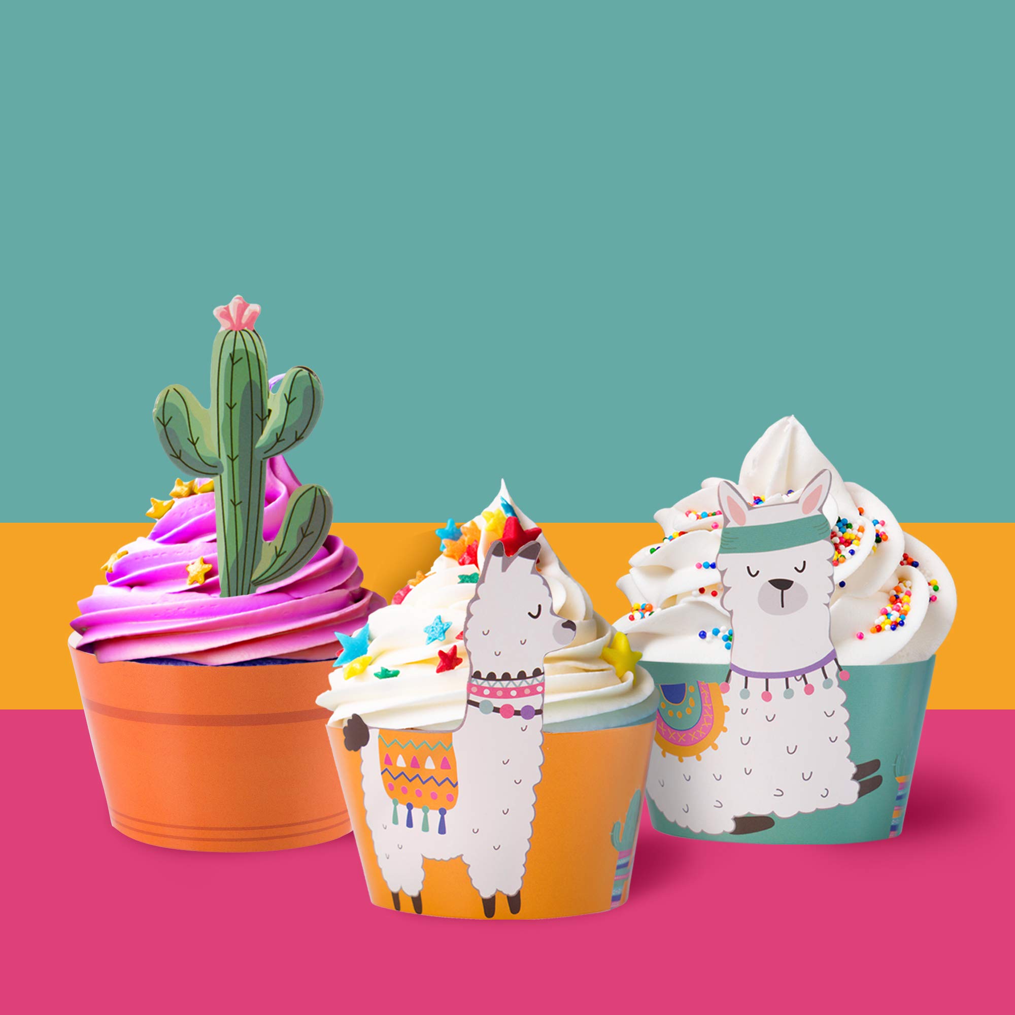 Pop Fizz Designs Cactus & Llama Cupcake Decorations Set - 24pcs Party Toppers & Wrappers for Bachelorette, Birthday, Baby Shower | Perfect for Desert Theme Parties & Southwest Celebrations