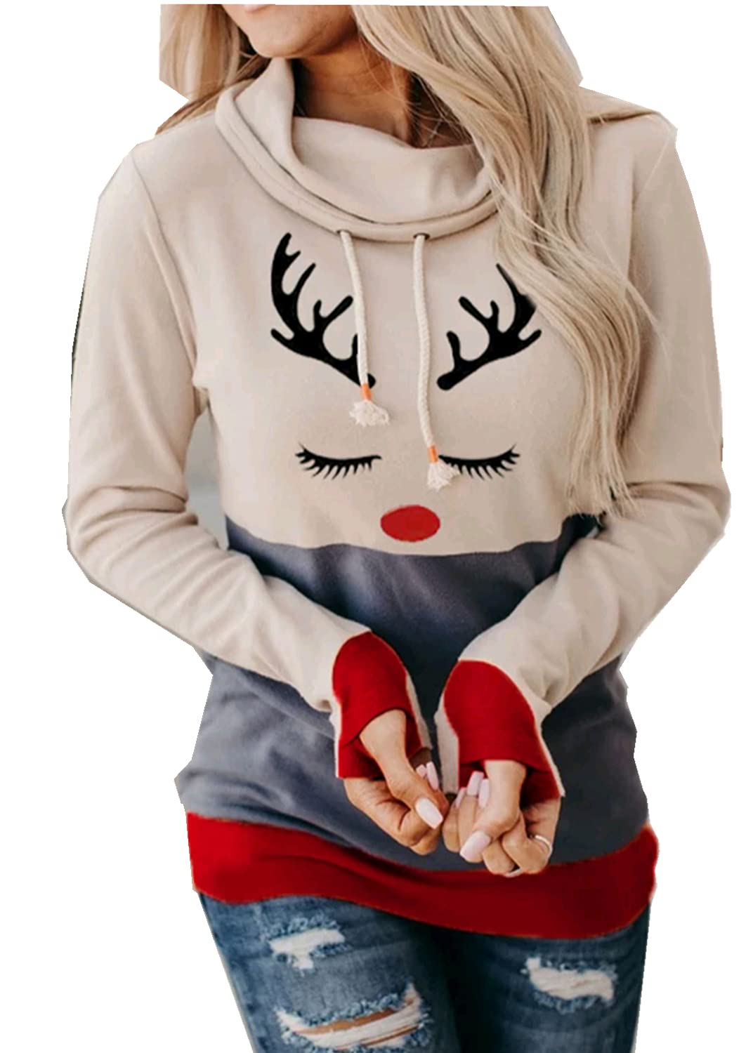 Women's Casual Long Sleeve Crewneck Sweatshirt with Thumb Holes - Soft Fleece Pullover for Christmas, Fall, Winter & Spring - Perfect for Layering, Lounging and Outdoor Activities