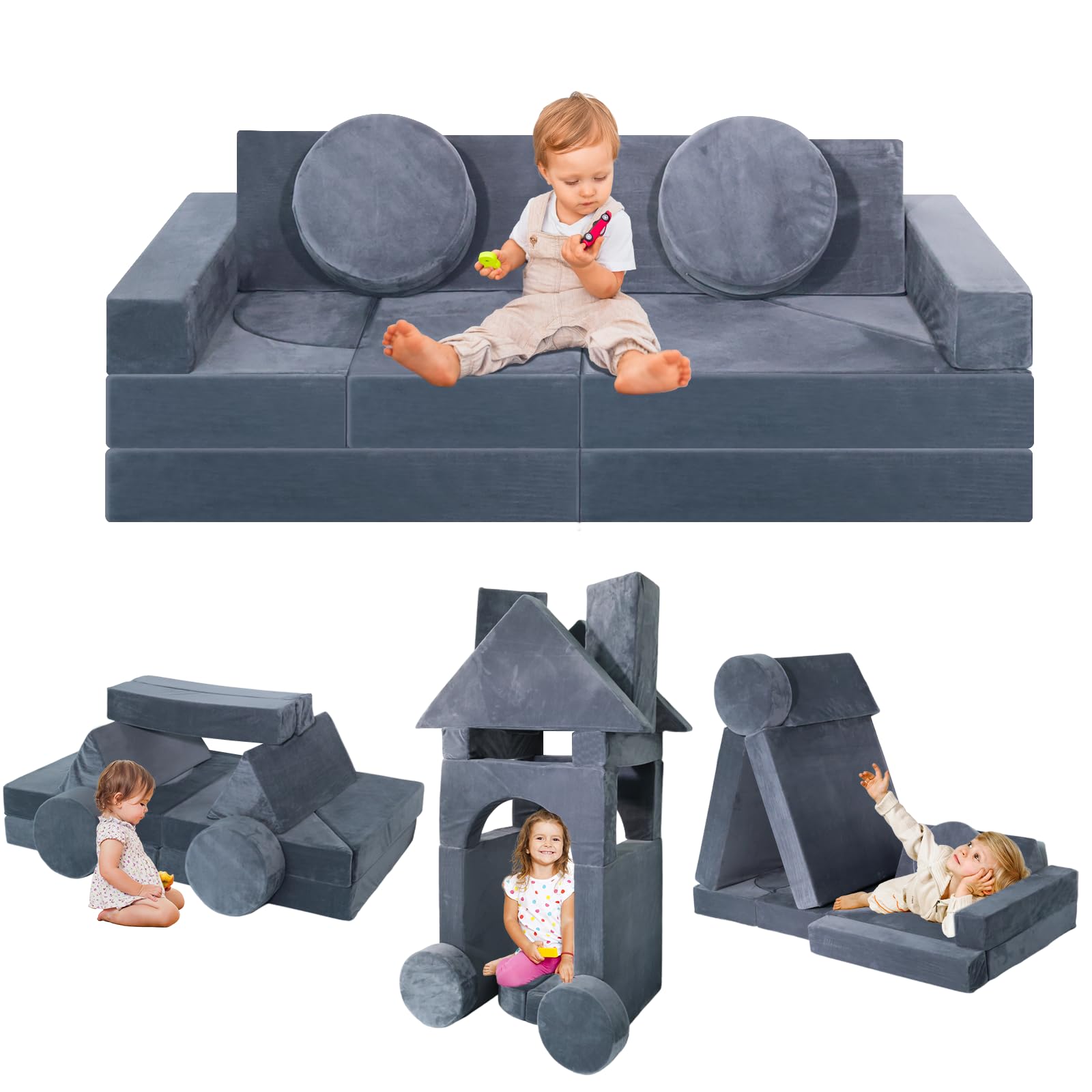 **ISBA 14-Piece Kids Play Couch Modular Sofa Set - Convertible Toddler Foam Couch for Playroom & Bedroom - Grey - Perfect for Fort Building, Lounging & Creative Play**