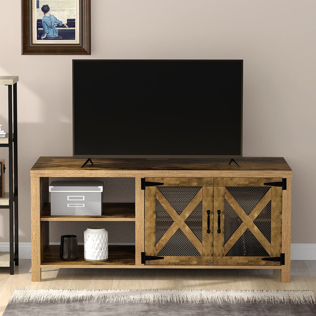 Dark Brown TV Stand with Barn Door - 2 Open Compartments & Cable Management for TVs Up to 57 Inches - Perfect for Living Room, Bedroom & Home Theater Setup