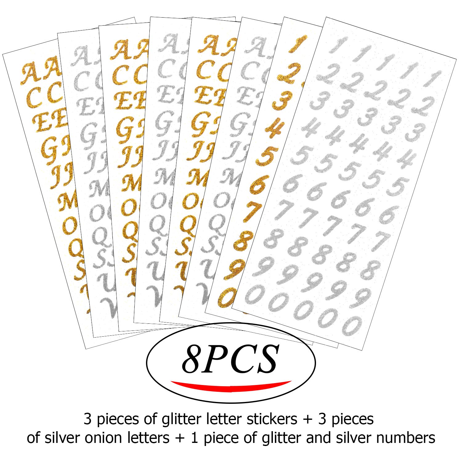 8 Sheets Glitter Alphabet & Number Stickers - Self Adhesive Letter Stickers for DIY Crafts, Scrapbooking, Card Making - Perfect for Journals, Planners, and School Projects