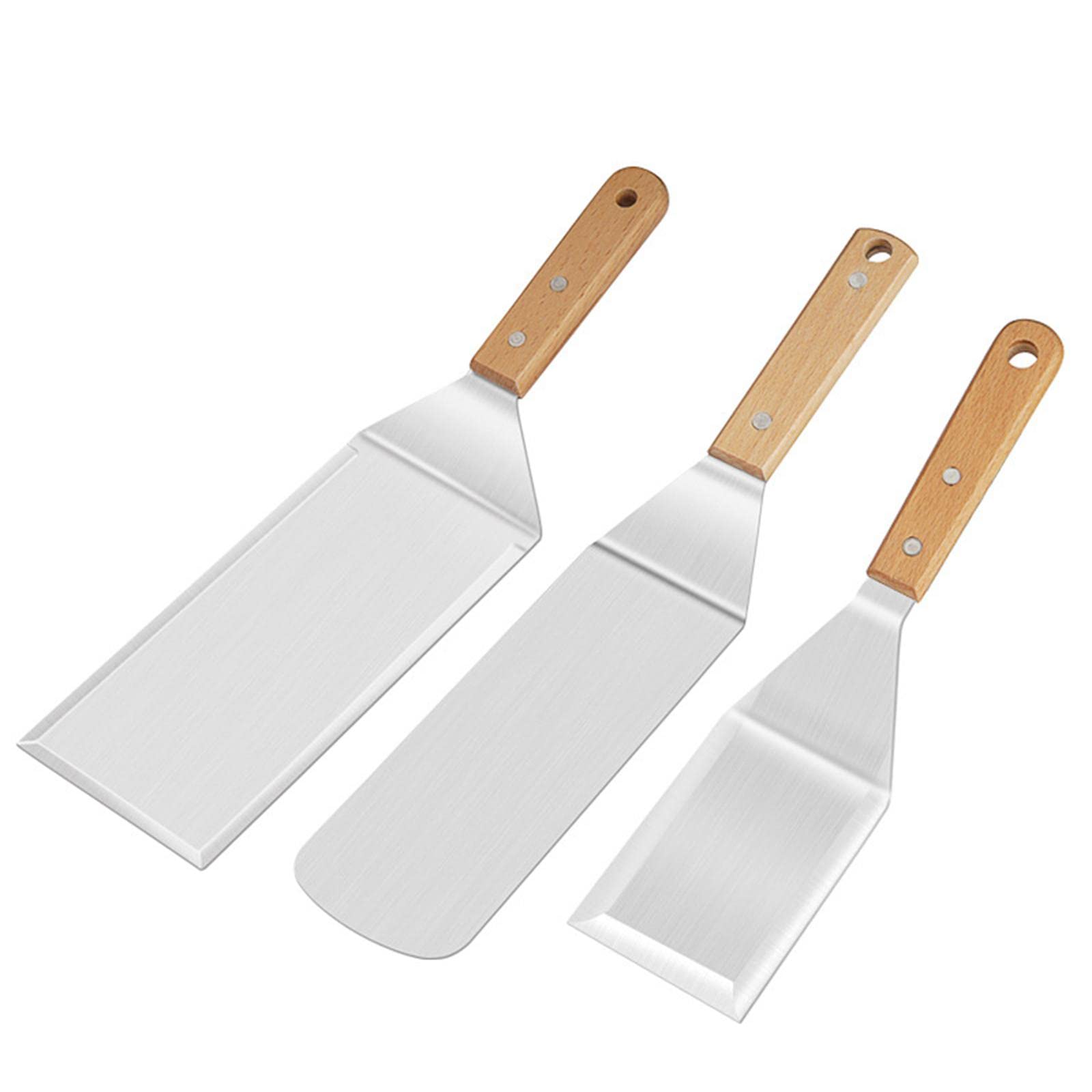 Premium Stainless Steel Spatula Set with Ergonomic Wooden Handle - Heavy Duty BBQ Spatula for Grilling, Flipping Burgers & Pancakes - Perfect for Outdoor Camping, Backyard Cookouts & Professional Kitchen Use (3-Piece Set)