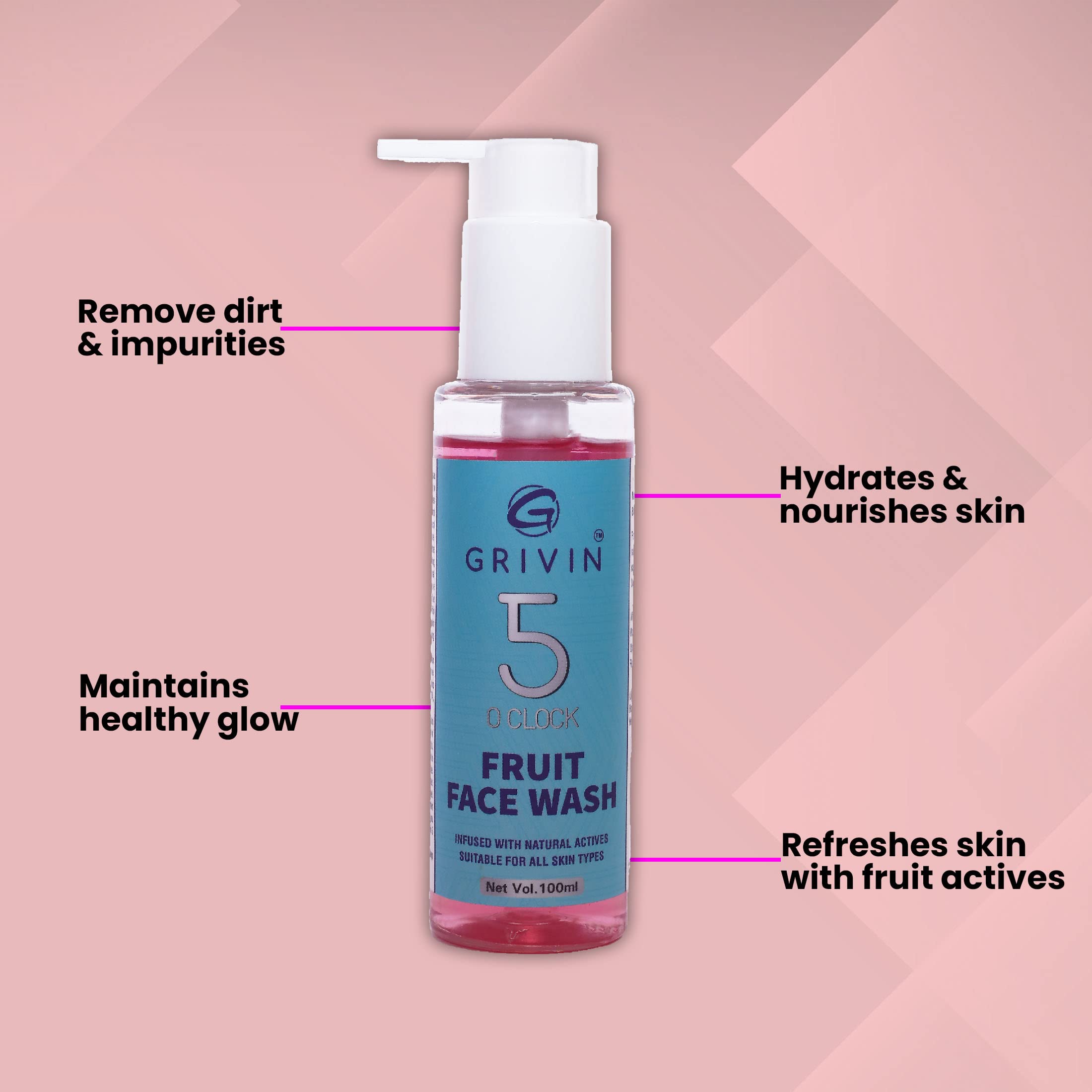 Grivin 5 o’Clock Fruit Face Wash 100ml - Natural Cleanser for Oily & Acne-Prone Skin | Morning & Night Skincare Routine