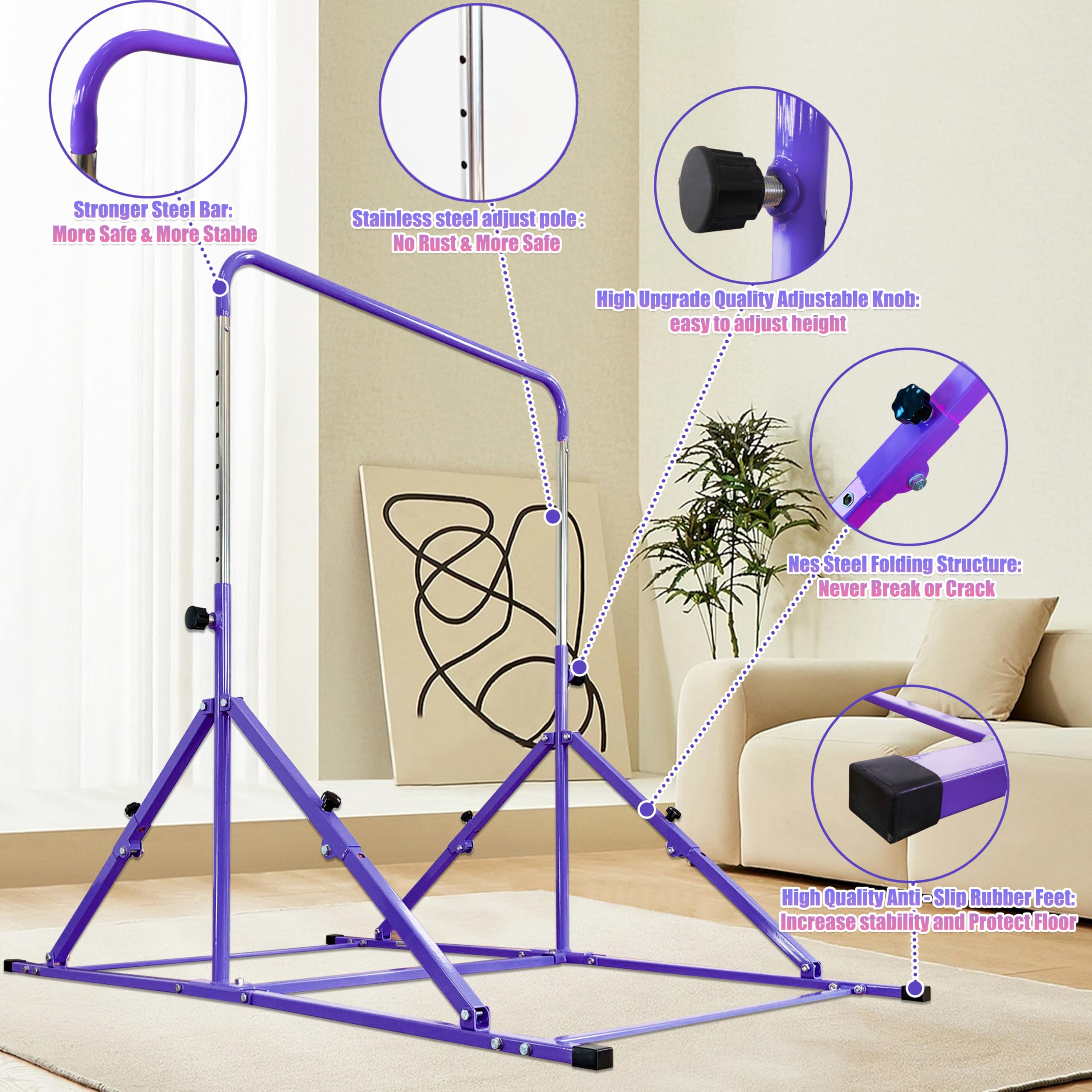 Upgrade Foldable Gymnastic Bar with Mat for Kids Ages 3-12 | 200 lbs Weight Capacity | Adjustable Height Kip Bar | Home & Gym Training Equipment | Perfect for Gymnastics Practice, Strength Training & Playtime