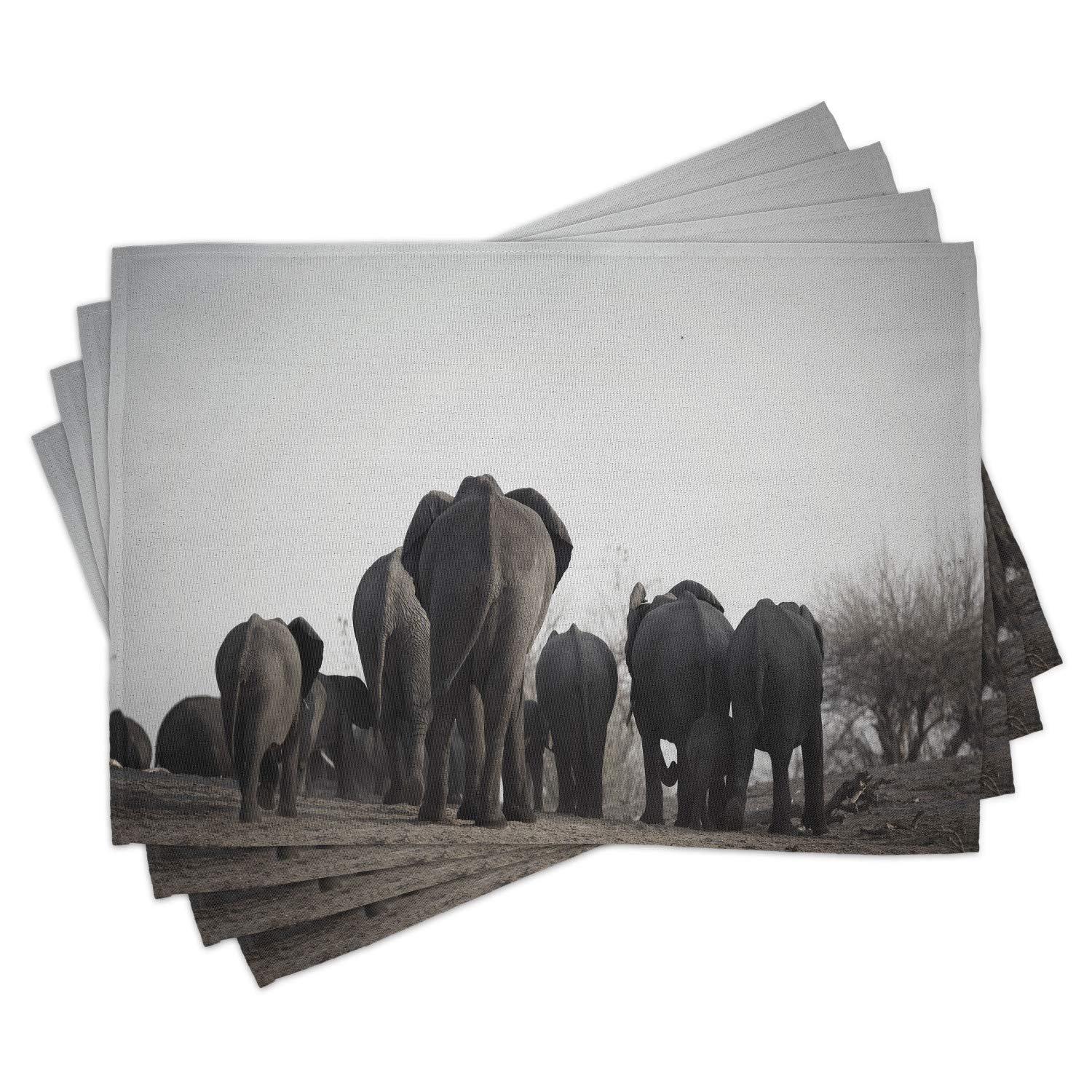 Ambesonne 4-Pack Animal Placemats - Tropical Wildlife Savannah Theme with Herd Walking by River Photo - Washable Fabric Dining Table Mats - Standard Size Grey for Home Kitchen & Party Decor