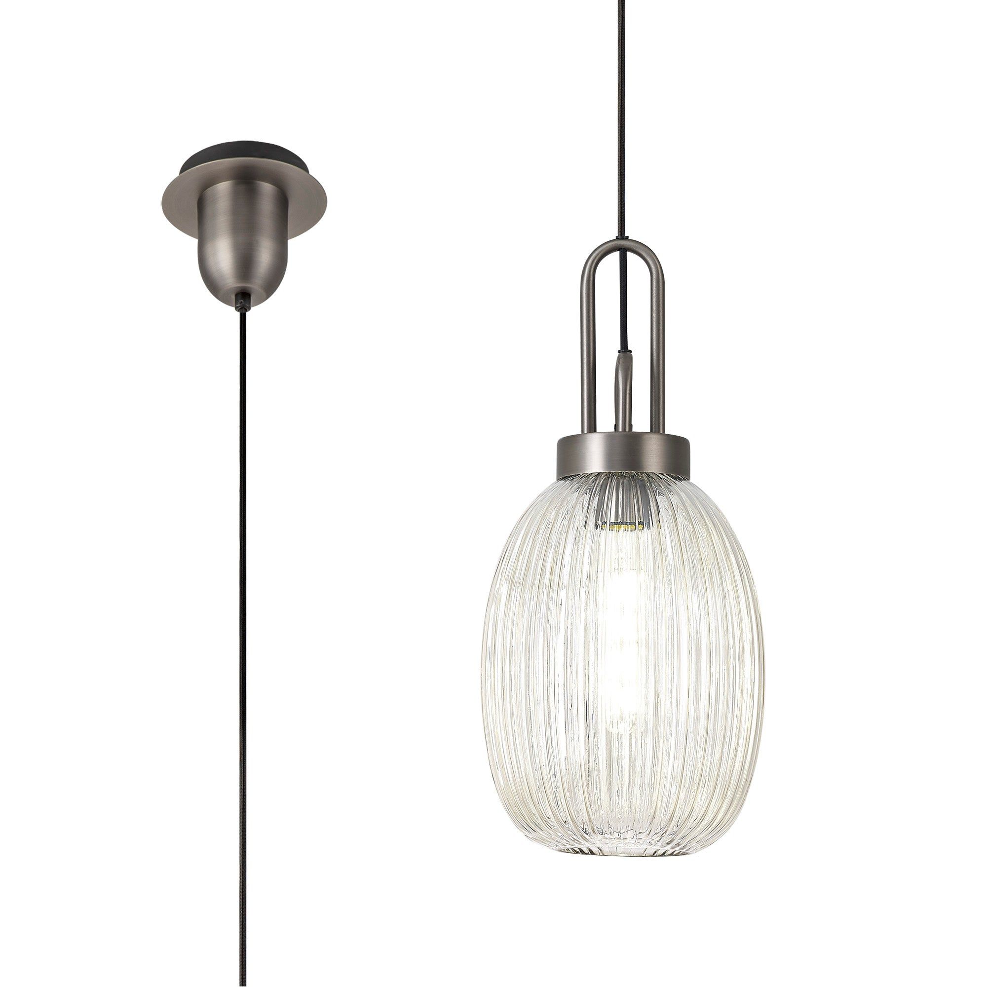 Cadiz 1-Light Pendant Light Fixture with 20cm Almond Ribbed Glass Shade, E27 Socket, IP20 Rated - Perfect for Kitchen Island, Dining Room, or Bedroom Lighting