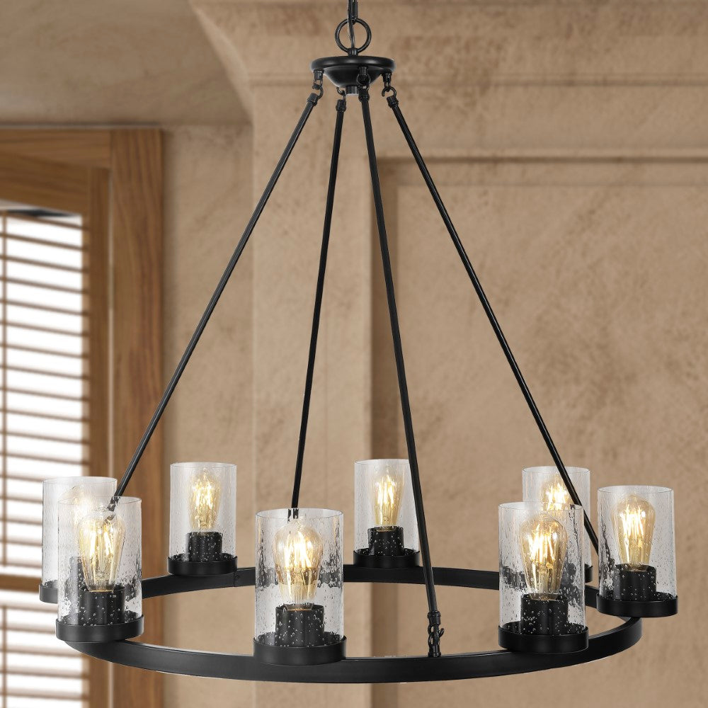 Rustic Farmhouse LED Chandelier with Coronet Iron & Seeded Glass - Perfect for Dining Room, Kitchen Island, or Entryway Lighting
