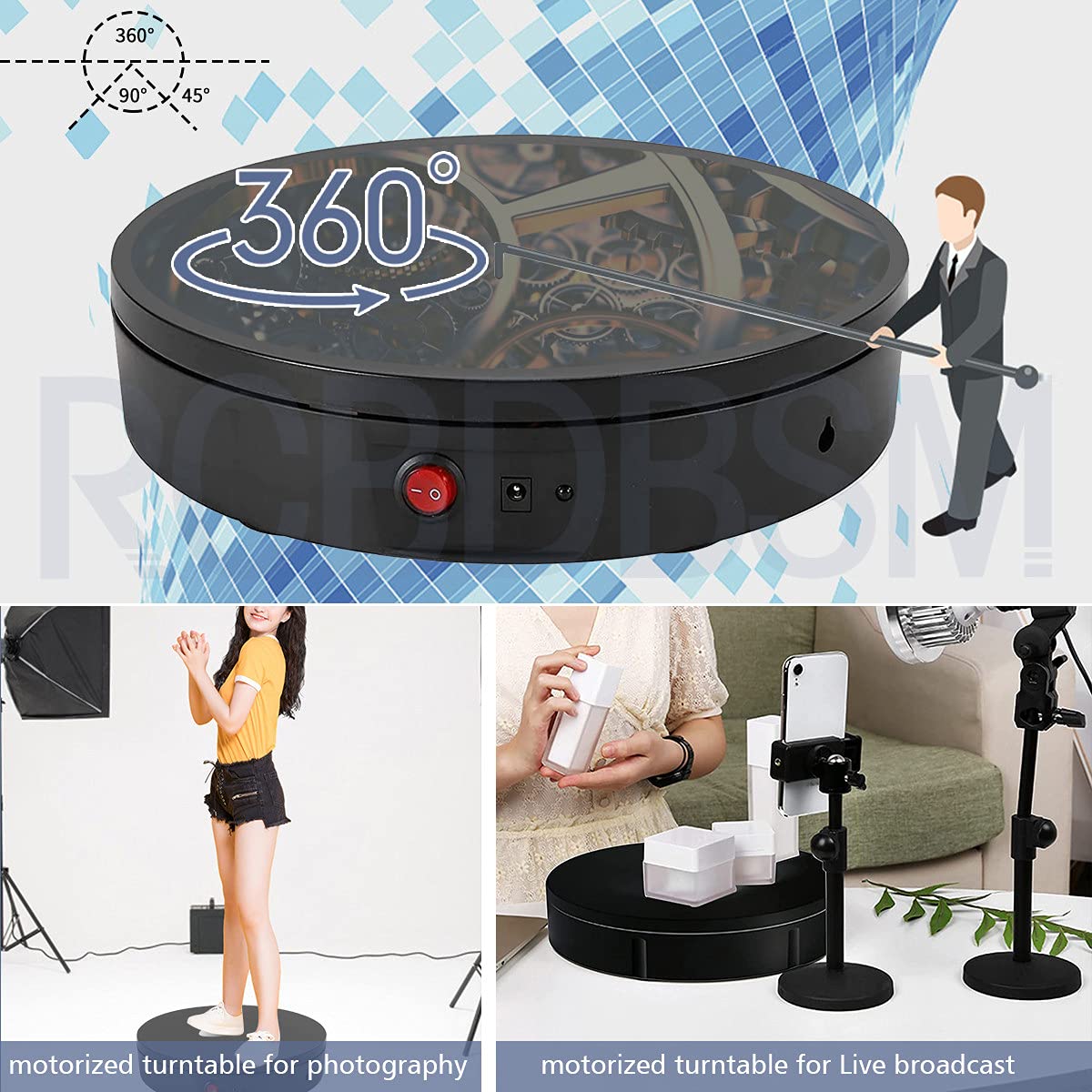 Electric Turntable Motorized Rotating Display Stand - 360° Automatic Revolving Platform for Product Photography & Showcase with Remote Control, 220Lb Capacity (Black/White) - Perfect for Ecommerce, Jewelry Display, Cake Decorating & Home Decor Showcase