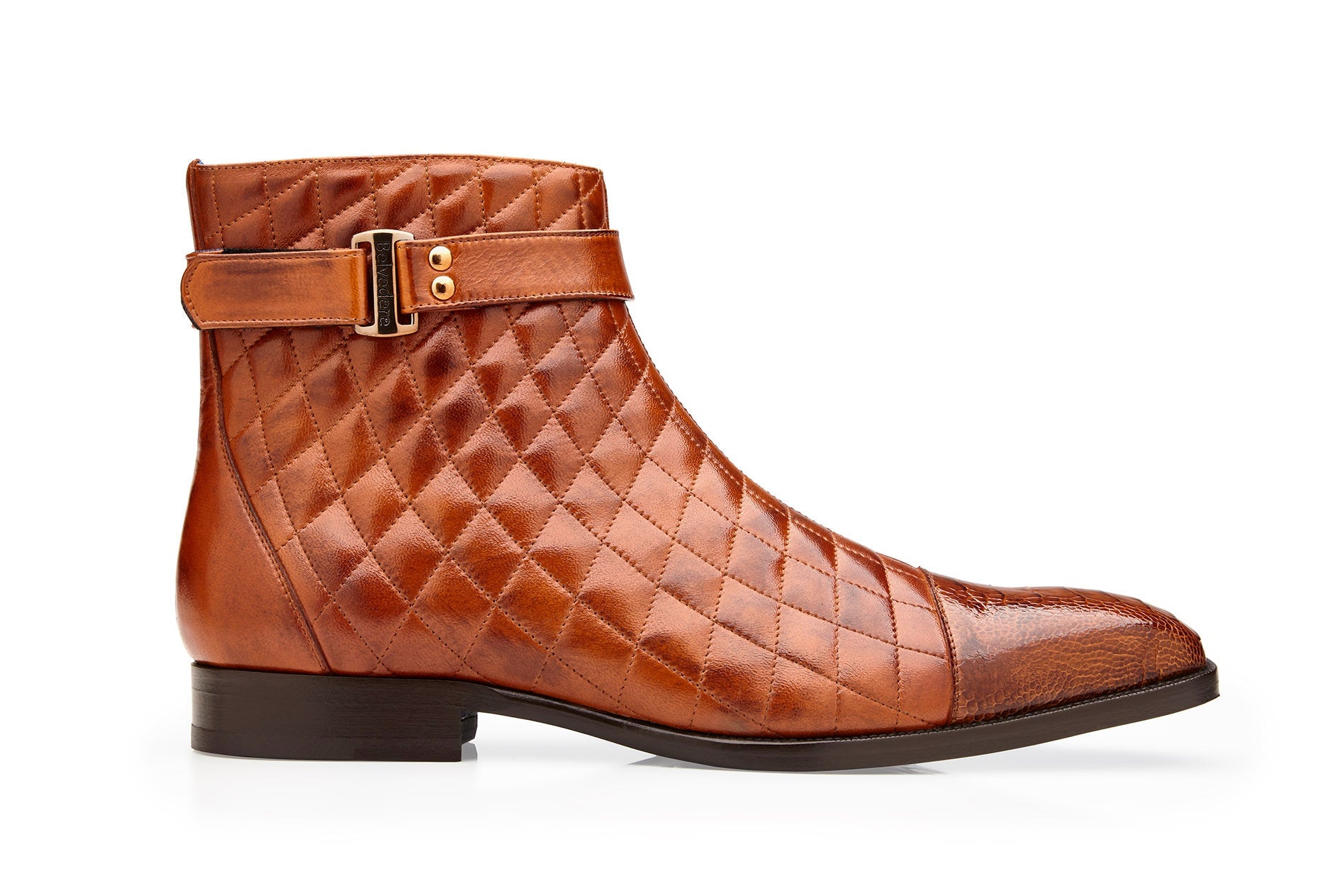 Belvedere Libero Genuine Ostrich Leg & Quilted Leather Boots - Antique Almond R80 - Stylish Cowboy Boots for Western Wear & Country Fashion