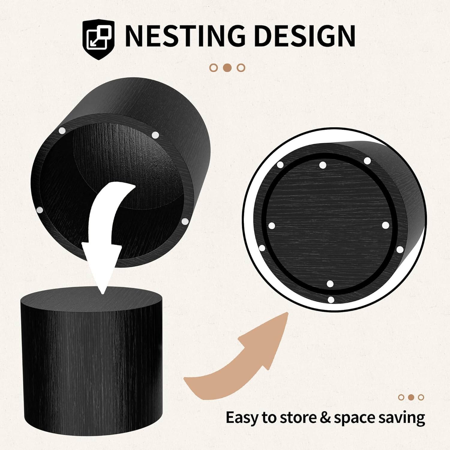 Round Wooden Nesting Coffee Table Set of 2 - Small Space Side Tables for Living Room, Bedroom & Office - Black Accent Tables for Balcony, Lounge & Workspace