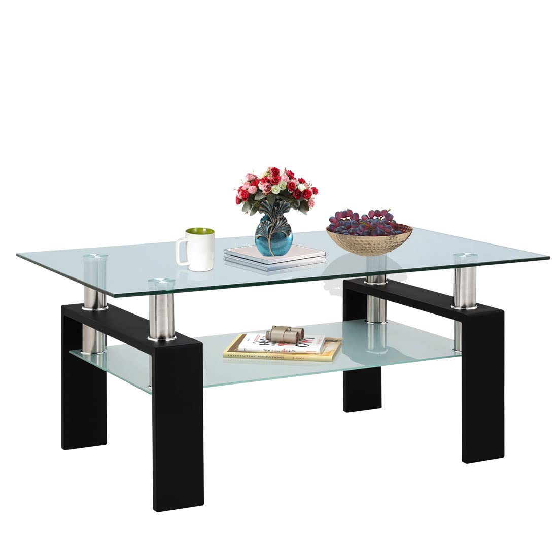 Modern Black Glass Coffee Table with Storage & Metal Tube Legs - Rectangle Living Room End Table with Lower Shelf for Conversation & Leisure - Perfect for Small Spaces, Apartments & Home Decor