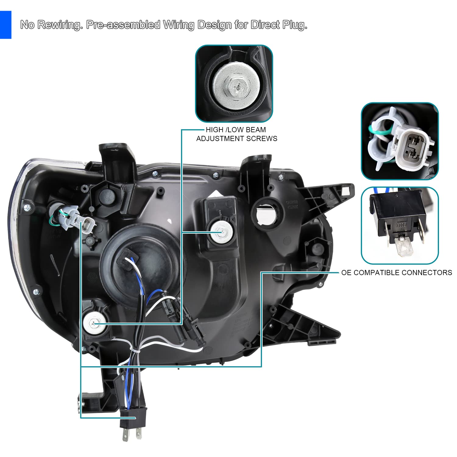 Spec-D Tuning Black Projector Headlights with LED Bar - Compatible with 2012-2015 Toyota Tacoma - Left & Right Headlight Assembly - Upgrade for Off-Road & Night Driving