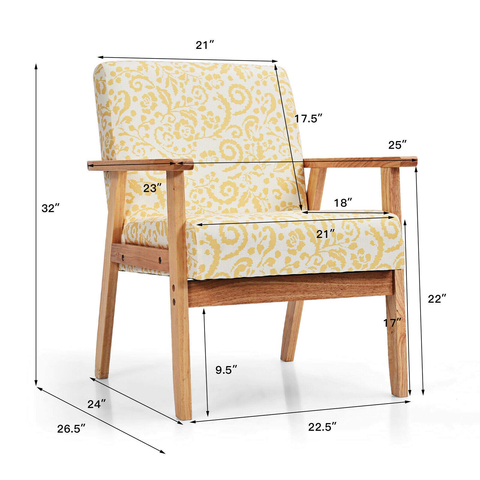 2PCS Yellow Floral Accent Chairs - Upholstered Armchairs with Thick Cushions, Ergonomic Armrests & Non-Slip Foot Pads - Solid Rubberwood Lounge Chairs for Living Room, Study, Balcony, Office & Reading Nook Decor