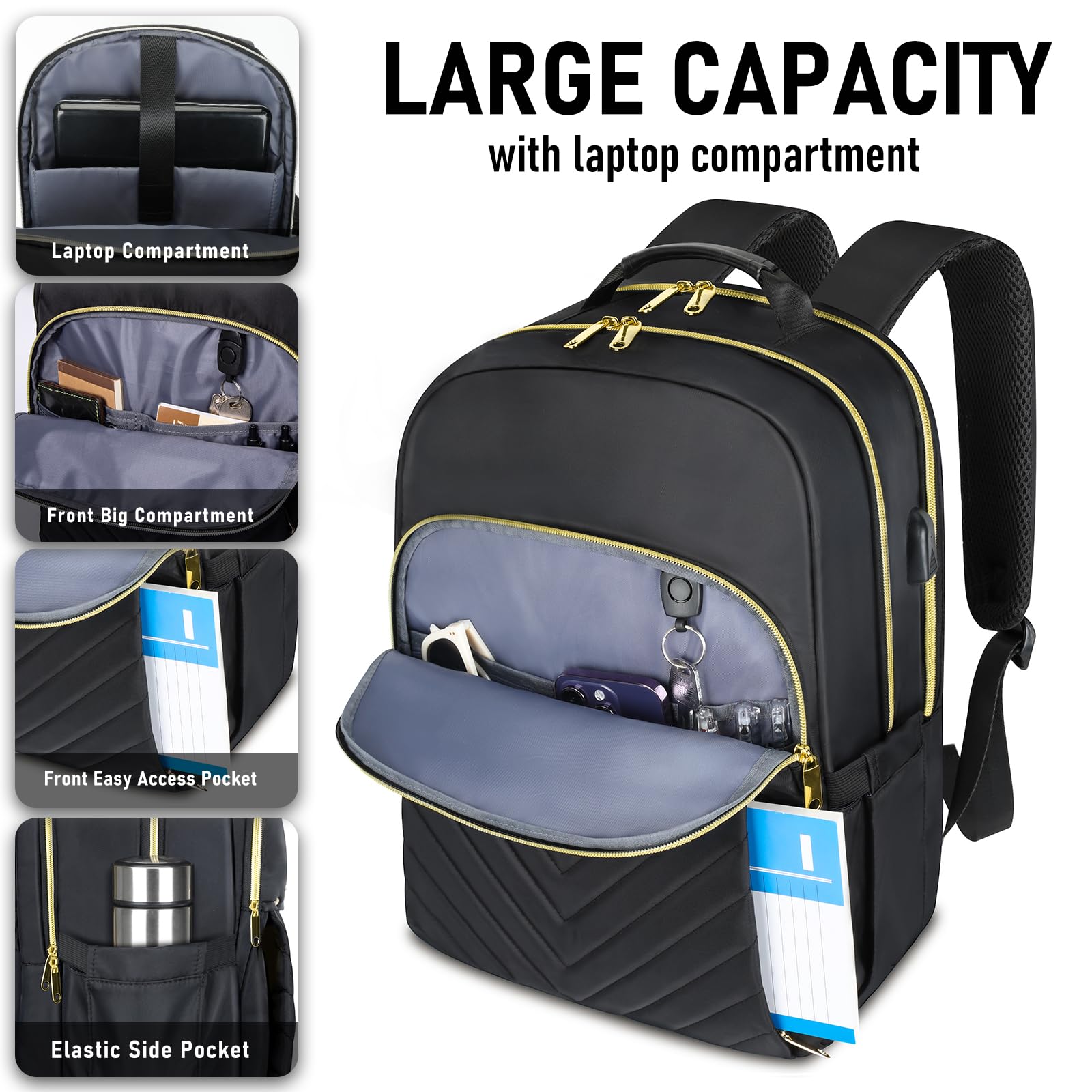 Stylish Black Backpack for Women & Girls - Durable School Backpack, College Book Bag, Daypack for High School & Travel - Perfect for Students, Commuters & Daily Use (Mochilas Escolares)