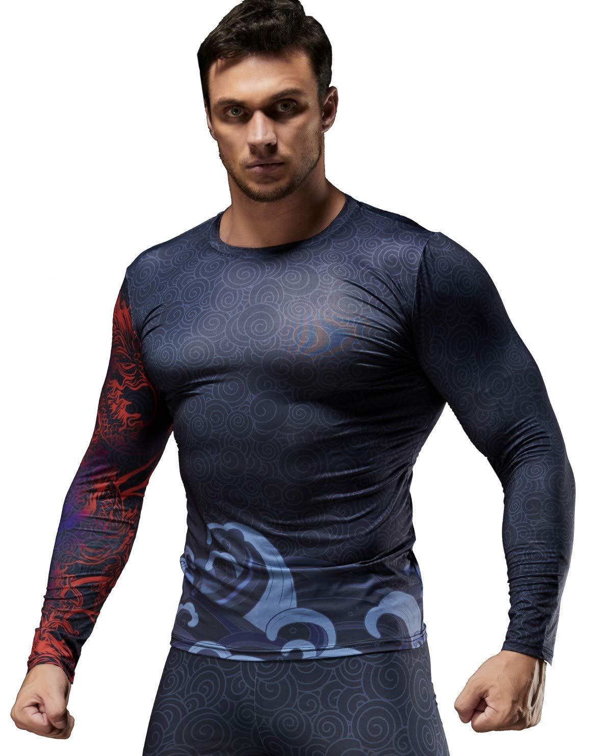 3D Printed Compression Long Sleeve T-Shirt for Men - Moisture Wicking Workout Shirt for Running, Gym & Training - Comfortable Athletic Performance Top