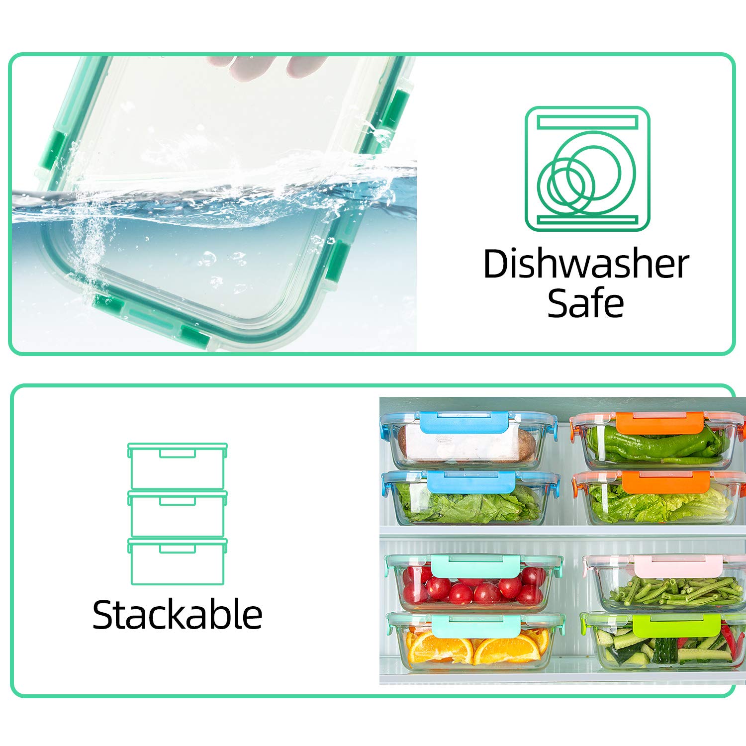 10-Pack Glass Food Storage Containers with Lids - Airtight Meal Prep Containers Set (5 Colors) for Kitchen, Home & Office - Perfect for Lunch Boxes, Leftovers & Food Organization