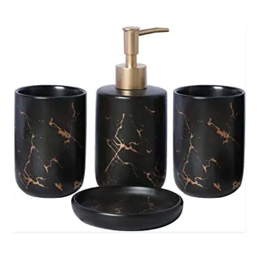 Premium Marble Ceramic Bathroom Accessory Set - Toothbrush Holder, Mouthwash Cup, Soap Dish & Shampoo Dispenser | Modern Vanity Organizer for Spa-Like Bathroom Decor