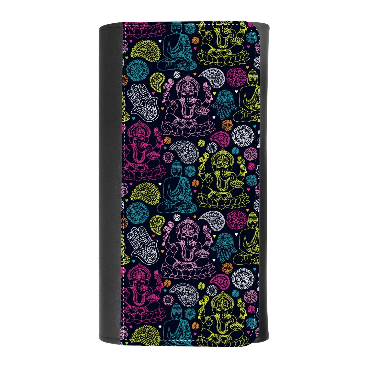 Stylish Women's Indian Buddha Ganesha Hamsa Pattern Leather Trifold Wallet with Credit Card Holder & Smartphone Pocket - Perfect for Travel, Work, and Everyday Use