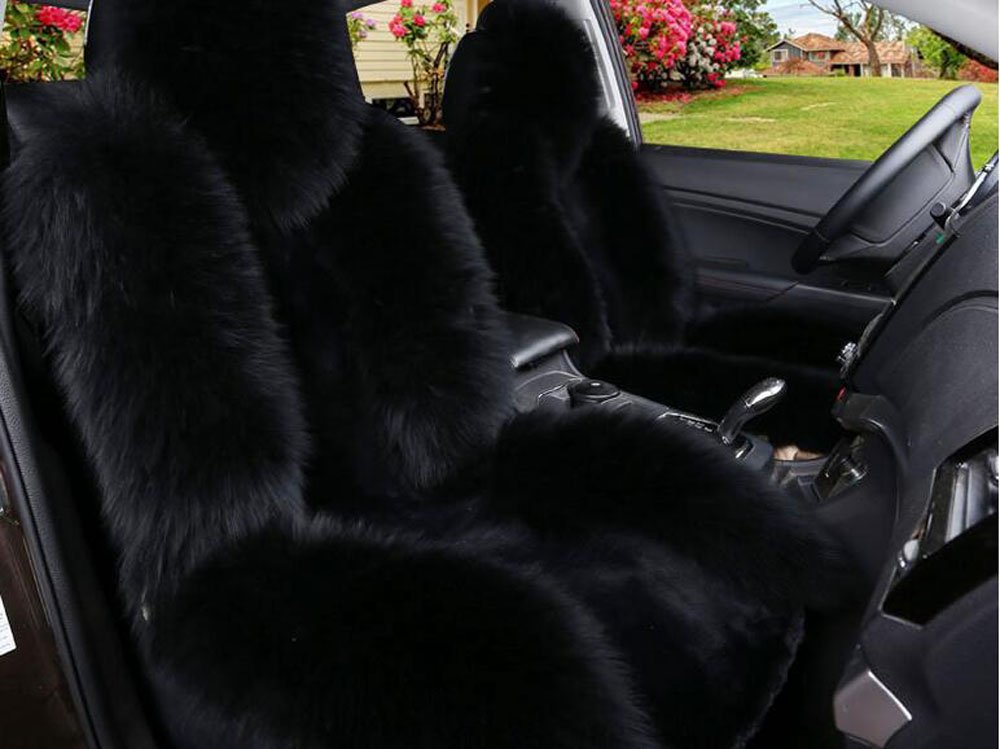 Premium Australian Sheepskin Wool Car Seat Covers - Luxury Fluffy Front Seat Set (2pc, Black) | Ultimate Comfort for Winter Driving & Road Trips